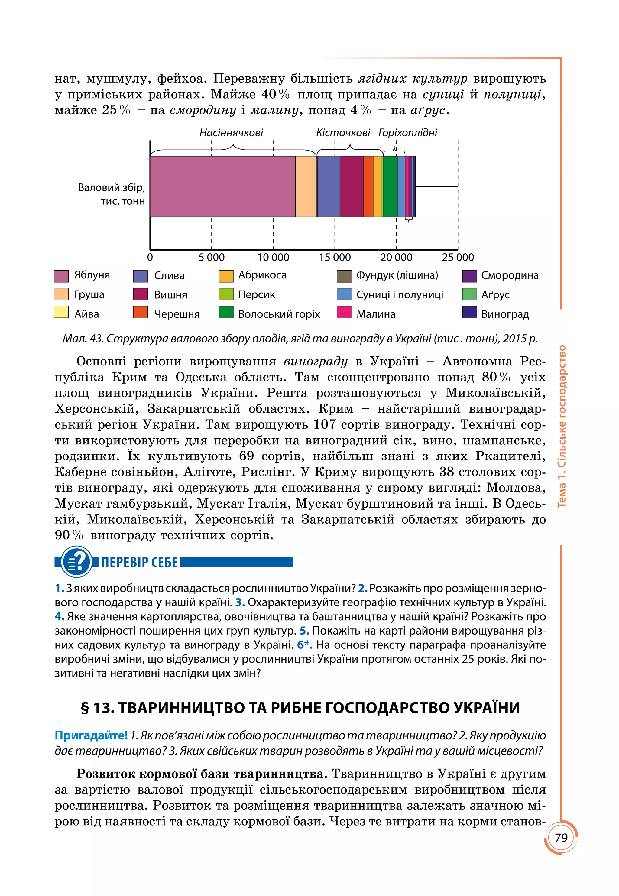 79
Тема1.Сільськегосподарство
нат, мушмулу, фейхоа. Переважну більшість ягідних культур вирощують
у приміських районах. Майже 40 % площ припадає на суниці й полуниці,
майже 25 % – на смородину і малину, понад 4 % – на аґрус.
0 5 000 10 000 15 000 20 000 25 000
Валовий збір,
тис. тонн
Яблуня
Груша
Айва
Слива
Вишня
Черешня
Абрикоса
Персик
Волоський горіх
Фундук (ліщина)
Суниці і полуниці
Малина
Смородина
Аґрус
Виноград
Насіннячкові Кісточкові Горіхоплідні
Мал. 43. Структура валового збору плодів, ягід та винограду в Україні (тис . тонн), 2015 р.
Основні регіони вирощування винограду в Україні – Автономна Рес­
публіка Крим та Одеська область. Там сконцентровано понад 80 % усіх
площ виноградників України. Решта розташовуються у Миколаївській,
Херсонській, Закарпатській областях. Крим – найстаріший виноградар­
ський регіон України. Там вирощують 107 сортів винограду. Технічні сор­
ти використовують для переробки на виноградний сік, вино, шампанське,
родзинки. Їх культивують 69 сортів, найбільш знані з яких Ркацителі,
Каберне совіньйон, Аліготе, Рислінг. У Криму вирощують 38 столових сор­
тів винограду, які одержують для споживання у сирому вигляді: Молдова,
Мускат гамбурзький, Мускат Італія, Мускат бурштиновий та інші. В Одесь­
кій, Миколаївській, Херсонській та Закарпатській областях збирають до
90 % винограду технічних сортів.
ПЕРЕВІР СЕБЕ
1.ЗякихвиробництвскладаєтьсярослинництвоУкраїни?2.Розкажітьпророзміщеннязерно-
вого господарства у нашій країні. 3. Охарактеризуйте географію технічних культур в Україні.
4. Яке значення картоплярства, овочівництва та баштанництва у нашій країні? Розкажіть про
закономірності поширення цих груп культур. 5. Покажіть на карті райони вирощування різ-
них садових культур та винограду в Україні. 6*. На основі тексту параграфа проаналізуйте
виробничі зміни, що відбувалися у рослинництві України протягом останніх 25 років. Які по-
зитивні та негативні наслідки цих змін?
§ 13. ТВАРИННИЦТВО ТА РИБНЕ ГОСПОДАРСТВО УКРАЇНИ
Пригадайте!1.Якпов’язаніміжсобоюрослинництвотатваринництво?2.Якупродукцію
дає тваринництво? 3. Яких свійських тварин розводять в Україні та у вашій місцевості?
Розвиток кормової бази тваринництва. Тваринництво в Україні є другим
за вартістю валової продукції сільськогосподарським виробництвом після
рослинництва. Розвиток та розміщення тваринництва залежать знач­ною мі­
рою від наявності та складу кормової бази. Через те витрати на корми станов­
 