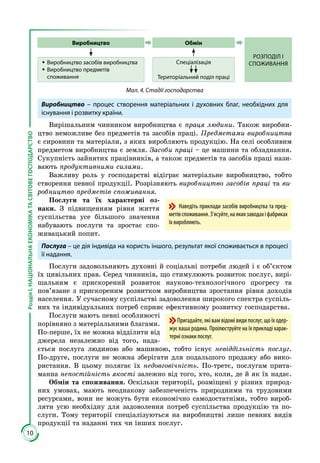 10
РозділІ.НАЦІОНАЛЬНАЕКОНОМІКАТАСВІТОВЕГОСПОДАРСТВО
Виробництво Обмін
РОЗПОДІЛ І
СПОЖИВАННЯŠŠ Виробництво засобів виробництва
ŠŠ Виробництво предметів
споживання
Спеціалізація
Територіальний поділ праці
Мал. 4. Стадії господарства
Виробництво – процес створення матеріальних і духовних благ, необхідних для
існування і розвитку країни.
Вирішальним чинником виробництва є праця людини. Також виробни­
цтво неможливе без предметів та засобів праці. Предметами виробництва
є сировини та матеріали, з яких виробляють продукцію. На селі особливим
предметом виробництва є земля. Засоби праці – це машини та обладнання.
Сукупність зайнятих працівників, а також предметів та засобів праці нази­
вають продуктивними силами.
Важливу роль у господарстві відіграє матеріальне виробництво, тобто
створення певної продукції. Розрізняють виробництво засобів праці та ви-
робництво предметів споживання.
Послуги та їх характерні оз-
наки. З підвищенням рівня життя
суспільства усе більшого значення
набувають послуги та зростає спо­
живацький попит.
Послуга – це дія індивіда на користь іншого, результат якої споживається в процесі
її надання.
Послуги задовольняють духовні й соціальні потреби людей і є об’єктом
їх цивільних прав. Серед чинників, що стимулюють розвиток послуг, вирі­
шальним є прискорений розвиток науково-технологічного прогресу та
пов’язане з прискореним розвитком виробництва зростання рівня доходів
населення. У сучасному суспільстві задоволення широкого спектра суспіль­
них та індивідуальних потреб сприяє ефективному розвитку господарства.
Послуги мають певні особливості
порівняно з матеріальними благами.
По-перше, їх не можна відділити від
джерела незалежно від того, нада­
ється послуга людиною або машиною, тобто існує невіддільність послуг.
По-друге, послуги не можна зберігати для подальшого продажу або вико­
ристання. В цьому полягає їх недовговічність. По-третє, послугам прита­
манна непостійність якості залежно від того, хто, коли, де й як їх надає.
Обмін та споживання. Оскільки території, розміщені у різних природ­
них умовах, мають неоднакову забезпеченість природними та трудовими
ресурсами, вони не можуть бути економічно самодостатніми, тобто вироб­
ляти усю необхідну для задоволення потреб суспільства продукцію та по­
слуги. Тому території спеціалізуються на виробництві лише певних видів
продукції та наданні тих чи інших послуг.
Наведіть приклади засобів виробництва та пред-
метівспоживання.З’ясуйте,наякихзаводахіфабриках
їх виробляють.
Пригадайте, які вам відомі види послуг, що їх одер-
жує ваша родина. Проілюструйте на їх прикладі харак-
терні ознаки послуг.
 