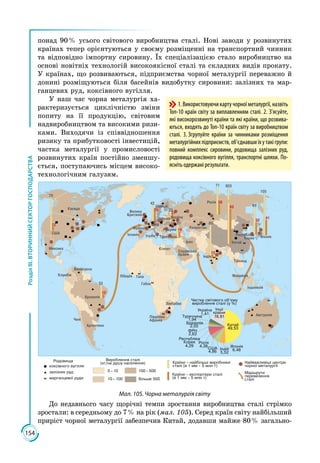 154
РозділІІІ.ВТОРИННИЙСЕКТОРГОСПОДАРСТВА
понад 90 % усього світового виробництва сталі. Нові заводи у розвинутих
країнах тепер орієнтуються у своєму розміщенні на транспортний чинник
та відповідно імпортну сировину. Їх спеціалізацією стало виробництво на
основі новітніх технологій високоякісної сталі та складних видів прокату.
У країнах, що розвиваються, підприємства чорної металургії переважно й
донині розміщуються біля басейнів видобутку сировини: залізних та мар­
ганцевих руд, коксівного вугілля.
У наш час чорна металургія ха­
рактеризується циклічністю зміни
попиту на її продукцію, світовим
надвиробництвом та високими ризи­
ками. Виходячи із співвідношення
ризику та прибутковості інвестицій,
частка металургії у промисловості
розвинутих країн постійно зменшу­
ється, поступаючись місцем високо­
технологічним галузям.
Маршр ти
перевезення
сталі
Вироблення сталі
( /на д ш населення)
0 – 10
10 – 100
100 – 500
більше 500
Родовища
о сівно о в ілля
залізних р д
мар анцевої р ди
Найважливіші центри
чорної метал р ії
Країни – найбільші виробни и
сталі (в 1 мм – 5 млн т)
Країни – е спортери сталі
(в 1 мм – 5 млн т)
Мал. 105. Чорна металургія світу
До недавнього часу щорічні темпи зростання виробництва сталі стрімко
зростали: в середньому до 7 % на рік (мал. 105). Серед країн світу найбільший
приріст чорної металургії забезпечив Китай, додавши майже 80 % загально­
1.Використовуючикартучорноїметалургії,назвіть
Топ-10 країн світу за виплавленням сталі. 2. З’ясуйте,
які високорозвинуті країни та які країни, що розвива-
ються, входять до Топ-10 країн світу за виробництвом
сталі. 3. Згрупуйте країни за чинниками розміщення
металургійнихпідприємств,об’єднавшиїхутакігрупи:
повний комплекс сировини, родовища залізних руд,
родовища коксівного вугілля, транс­портні шляхи. По-
ясніть одержані результати.
 