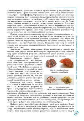 163
Тема3.Хімічневиробництво.Виробництводеревини,паперу
нафтопереробній, целюлозно-паперовій промисловості, у виробництві аку­
муляторів тощо. Проте основним «споживачем» кислоти є синтез фосфат­
них добрив – суперфосфату. Сірчанокислотна промисловість використовує
широку сировинну базу: самородну сірку, пірит, відходи коксохімічних та
нафтопереробних заводів, газуваті сполуки Сульфуру, що утворюються під
час виплавлення кольорових металів (міді, цинку, нікелю, ртуті). Через
високу хімічну активність сірчану кислоту важко перевозити. Для цього
потрібний спеціально обладнаний транспорт. Тому її виробництво орієнту­
ється на чинник споживача, тобто ті підприємства, що використовують її у
своєму виробничому процесі. Саме тому зазвичай поєднано центри синтезу
фосфатних добрив та виробництва сірчаної кислоти.
Сажова промисловість спрямована на добування порошкоподібного вуг­
лецю, який на 90 % складається з Карбону. Сажу одержують під час не­
повного спалювання чи термічного розкладу природного газу, нафти або
вугілля. Через те виробництво зорієнтоване на чинник сировини або за її
відсутності – на транспортний чинник. Використовують сажу як чорний
пігмент для одержання друкарської фарби, інших фарб, як наповнювач у
виробництві гуми.
Для потреб сільського господарства хімічна промисловість синтезує три
основні види добрив: калійні (забезпечують імунітет рослин від хвороб та
опір проти шкідників), фосфатні (забезпечують раннє цвітіння і плодоно­
сіння) та азотні, або нітратні (стимулюють активний ріст пагона).
Виробництво калійних добрив –
дуже матеріаломістке виробництво,
отже, розміщене з орієнтуванням на си­
ровинний чинник – родовища калійних
солей (мал. 112). Найпоширенішими ка­
лійними добривами є сильвініт та калій
хлорид, основним складником яких є
калійна сіль. Вони виглядають як по­
рошок рожевого кольору. Під час спа­
лювання органічних решток одержують
інший вид калійних добрив – поташ.
Сировиною для синтезу фосфат-
них добрив є фосфорити та апатити
(мал. 113). Найвідоміші фосфатні до­
брива – це суперфосфат та фосфоритове
борошно. Для одержання суперфосфату
фосфорити обробляють сірчаною кислотою, яку важко перевозити. Тому
підприємства із синтезу суперфосфату поєднано з центрами виробництва
сірчаної кислоти. Крім того, під час розміщення заводів фосфатних добрив
враховують чинник споживача – сільське господарство, яке культивує рос­
лини, що потребують для нормального розвитку цих добрив.
Найпоширеніші азотні (нітратні) добрива – селітри та карбамід. Відомі
калійна, натрієва та амонійна селітри. Зовні це гранули яскраво білого ко­
льору. Виробництво азотних добрив матеріало-, водо- та енергомістке вироб­
ництво. Воно вирізняється великим розмаїттям вихідної сировини, тому й
Мал. 113. Фосфатні добрива:
суперфосфат, фосфоритне борошно
Мал. 112. Калійні добрива:
сильвініт, хлорид калію
 