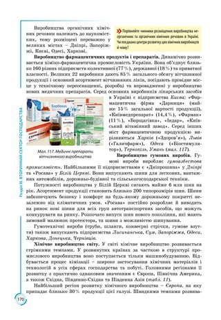 170
РозділІІІ.ВТОРИННИЙСЕКТОРГОСПОДАРСТВА
Виробництва органічних хіміч­
них речовин належать до наукоміст­
ких, тому розміщені переважно у
великих містах – Дніпрі, Запоріж­
жі, Києві, Одесі, Харкові.
Виробництво фармацевтичних продуктів і препаратів. Динамічно розви­
вається хіміко-фармацевтична промисловість України. Вона об’єднує близь­
ко 160 різних підприємств колективної (77 %), державної (18 %) та приватної
власності. Великих 22 виробники дають 85 % загального обсягу вітчизняної
продукції і основний асортимент вітчизняних ліків, посідають провідне міс­
це у технічному переоснащенні, розробці та впровадженні у виробництво
нових медичних препаратів. Серед основних виробників лікарських засобів
в Україні є підприємства Києва: «Фар­
мацевтична фірма «Дарниця» (май­
же 15 % загальної вартості продукції),
«Київмедпрепарат» (14,4 %), «Фармак»
(11 %), «Борщагівка», «Індар», «Київ­
ський вітамінний завод». Серед інших
міст фармацевтичною продукцією ви­
різняються Харків («Здоров’я»), Львів
(«Галичфарм»), Одеса («Біостимуля­
тор»), Тернопіль, Умань (мал. 117).
Виробництво гумових виробів. Гу­
мові вироби виробляє гумоазбестова
промисловість. Найбільшими її підприємствами є «Дніпрошина» у Дніпрі
та «Росава» у Білій Церкві. Вони випускають шини для легкових, вантаж­
них автомобілів, дорожньо-будівної та сільськогосподарської техніки.
Потужності виробництва у Білій Церкві сягають майже 6 млн шин на
рік. Асортимент продукції становить близько 200 типорозмірів шин. Шини
забезпечують безпеку і комфорт на будь-якому дорожньому покритті не­
залежно від кліматичних умов. «Росава» постійно розробляє й виводить
на ринок нові шини для всіх груп автотранспортних засобів, що можуть
конкурувати на ринку. Розпочато випуск шин нового покоління, які мають
зимовий малюнок протектора, та шини з можливістю шипування.
Гумотехнічні вироби (труби, шланги, конвеєрні стрічки, гумове взут­
тя) також випускають підприємства Лисичанська, Сум, Запоріжжя, Одеси,
Харкова, Донецька, Чернівців.
Хімічне виробництво світу. У світі хімічне виробництво розвивається
стрімкими темпами. У розвинутих країнах за часткою в структурі про­
мислового виробництва воно поступається тільки машинобудуванню. Від­
бувається процес хімізації – широке застосування хімічних матеріалів і
технологій в усіх сферах господарства та побуті. Головними регіонами її
розвитку з практично однаковим значенням є Європа, Північна Америка,
а також Східна, Південно-Східна та Південна Азія (табл. 11).
Найбільший регіон розвитку хімічного виробництва – Європа, на яку
припадає близько 30 % продукції цієї галузі. Швидкими темпами розвива­
Мал. 117. Медичні препарати
вітчизняного виробництва
Порівняйте чинники розміщення виробництва не-
органічних та органічних хімічних речовин в Україні.
Чипоєднаноцентрирозвиткуциххімічнихвиробництв
й чому?
 