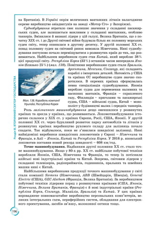 196
РозділІІІ.ВТОРИННИЙСЕКТОРГОСПОДАРСТВА
ка Британія). В Україні окрім величезних вантажних літаків налагоджене
окреме виробництво авіадвигунів на заводі «Мотор Січ» у Запоріжжі.
Суднобудування втратило своє колишнє значення у складанні пасажир­
ських суден, але залишається важливим у складанні вантажних, особливо
танкерів. Змінилися й визнані лідери у цій галузі. Велика Британія, що з по­
чатку XIX ст. і до Другої світової війни будувала більш як половину морських
суден світу, тепер опинилася в другому десятку. У другій половині ХХ ст.
понад половину суден на світовий ринок вивозила Німеччина. Нині суднобу­
дування поступово почало переміщуватися з розвинутих країн до тих, що роз­
виваються. Найбільшим виробником суден став Китай, який виробляє 38 %
цієї продукції світу. Республіка Корея (33 %) останнім часом випередила Япо-
нію (близько 25 %) (мал. 138). Помітними виробниками суден стали Бразилія,
Аргентина, Мексика, Сінгапур, які складають
кораблі з імпортних деталей. Натомість у США
та країнах ЄС виробництво суден значно ско­
ротилося. В окремих країнах сформувалась
певна спеціалізація суднобудування. Японія
виробляє судна для перевезення наливних та
насипних вантажів, Франція – скрапленого
газу, Фінляндія – криголами та пасажирські
судна, США – військові судна, Китай – моно­
поліст у будівництві малих і середніх танкерів.
Роль залізничного машинобудування дещо зменшилося у розвинутих
краї­нах та зросла у країнах, що розвиваються. Локомотивобудування істо­
рично склалося у ХІХ ст. у країнах Європи, Росії, США, Японії. У другій
половині ХХ ст. через бурхливий розвиток парку автомобілів та літаків у
розвинутих країнах виробництво рухомого складу для залізниць почало
спадати. Так відбувалося, поки не з’явилися швидкісні залізниці. Нині
найвідоміші виробники швидкісних локомотивів у Європі – Німеччина та
Франція, в Азії – Японія, Китай та Республіка Корея. У 2016 р. японський
локомотив поставив новий рекорд швидкості – 608 км/год.
Точне машинобудування. Надбанням другої половини XX ст. стало точ­
не машинобудування. Якщо у 80-х pp. XX ст. найбільше побутової техніки
виробляли Японія, США, Німеччина та Франція, то тепер їх потіснили
азійські нові індустріальні країни та Китай. Зокрема, світовим лідером у
складанні телевізорів, радіоприймачів, годинників, пральних та швейних
машин нині є Китай.
Найбільшими виробниками продукції точного машинобудування у світі
стали компанії Siemens (Німеччина), АВВ (Швейцарія, Швеція), General
Electric (США), GEC-Alsthom (Франція, Велика Британія). За виробництвом
побутової техніки лідерами поряд з розвинутими країнами (США, Японія,
Німеччина, Велика Британія, Франція) є й нові індустріальні країни (Рес­
публіка Корея, Сінгапур, Малайзія, Бразилія) та Китай. У цих країнах
впроваджене повномасштабне виробництво персональних комп’ютерів, ве­
ликих інтегральних схем, периферійних систем, обладнання для електрон­
ного проектування, засобів зв’язку, волоконної оптики тощо.
Мал. 138. Корабель компанії
Hyundai, Республіка Корея
 