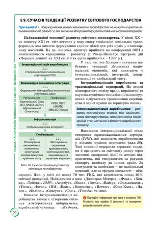 50
РозділІ.НАЦІОНАЛЬНАЕКОНОМІКАТАСВІТОВЕГОСПОДАРСТВО
§ 9. СУЧАСНІ ТЕНДЕНЦІЇ РОЗВИТКУ СВІТОВОГО ГОСПОДАРСТВА
Пригадайте! 1.Чомувсучаснихумовахнаціональнігосподарстванеможутьіснуватиізо-
льовано одне від одного? 2. Яке значення для розвитку суспільства має мережа Інтернет?
Найважливіші тенденції розвитку світового господарства. У кінці XX –
на початку XXI ст. світ вступив у нову епоху глобальної соціальної транс­
формації, яка вимагає формування єдиних цілей для усіх країн у планетар­
ному масштабі. На це, зокрема, орієнтує прийнята на конференції ООН з
навколишнього середовища і розвитку у Ріо-де-Жанейро програма дій
«Порядок денний на XXI століття» (дата прийняття – 1992 р.).
У наш час все більшого значення на­
бувають тенденції зближення націо­
нальних економік, які полягають у
інтернаціоналізації, інтеграції, інфор­
мати­зації та глобалізації світу.
Інтернаціоналізація виробництва та
транс­­національні корпорації. На основі
між­народного поділу праці, виробничої та
науково-технічної спеціа­лізації та кооперу­­
вання відбувається проникнення виробни­
цтва з однієї країни на територію інших.
Інтернаціоналізація виробництва – роз-
виток економічних зв’яз­ків між національ-
ними господарст­вами, коли економіка однієї
країни стає частиною світового виробничого
процесу.
Наслідком інтернаціоналізації стало
створення транснаціональних корпора-
цій (ТНК), які володіють виробництвами
у кількох країнах одночасно (мал. 26).
Такі компанії переросли державні кордо­
ни й працюють на світовому ринку через
численні закордонні філії та дочірні під­
приємства, які створюються за рахунок
експорту капіталу до інших країн. За
контролем та капіталом – це національні
компанії, але за сферою діяльності – між­
народні. Нині у світі діє понад 70 тис. ТНК, які виробляють понад 20 %
світової продукції. Найвідоміші з них: «Дженерал Моторз», «Форд», «Хон­
да», «Тойота», BMW, «Аеробус», «Еппл», «Інтел», «Байєр», «Фольксваген»,
«Тесла», «Iвеко», IBM, «Бош», «Монсанто», «Нестле», «Кока-Кола», «Да­
нон», «Філіпс», «Самсунг», «Соні», «Тошіба» та інші.
Ознакою інтернаціоналізації ви­
роб­ницт­ва також є створення спіль-
них між­держав­них підприємств,
вироб­ничо-фінансових об’єднань,
Інтернаціоналізація виробництва
Створення транснаціональних
корпорацій (ТНК)
Міжнародна економічна інтеграція
Формування міжнародних економічних
угруповань країн
Регіональних Профільних
Європейський Союз
(ЄС), НАФТА, АСЕАН,
Африканський
Союз тощо
ОПЕК, ФТЕГ,
МАГАТЕ,
МВФ,СОТ тощо
Інформатизація
Глобальна мережа Інтернет
Глобалізація
Розширення
економічних,
політичних,
культурних
зв’язків між усіма
країнами світу
Нав’язування
окремими
країнами своїх
систем цінностей,
економічних та
правових відносин
Мал. 26. Сучасні тенденції розвитку
світового господарства
Підготуйте інформацію про одну з названих ТНК.
Розкажіть про профіль її діяльності та поширення
дочірніх компаній світом.
 