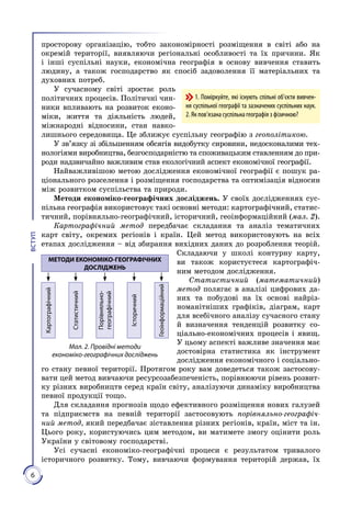 6
ВСТУП
про­сторову організацію, тобто закономірності розміщення в світі або на
окремій території, виявляючи регіональні особливості та їх причини. Як
і інші суспільні науки, економічна географія в основу вивчення ставить
людину, а також господарство як спосіб задоволення її матеріальних та
духовних потреб.
У сучасному світі зростає роль
політичних процесів. Політичні чин­
ники впливають на розвиток еконо­
міки, життя та діяльність людей,
міжнародні відносини, стан навко­
лишнього середовища. Це зближує суспільну географію з геополітикою.
У зв’язку зі збільшенням обсягів видобутку сировини, недосконалими тех­
нологіями виробництва, безгосподарністю та споживацьким ставленням до при­
роди надзвичайно важливим став екологічний аспект економічної географії.
Найважливішою метою дослідження економічної географії є пошук ра­
ціонального розселення і розміщення господарства та оптимізація відносин
між розвитком суспільства та природи.
Методи економіко-географічних досліджень. У своїх дослідженнях сус­
пільна географія використо­вує такі основні методи: картографічний, статис­
тичний, порівняльно-географічний, історичний, геоінформаційний (мал. 2).
Картографічний метод передбачає скла­дання та аналіз тематичних
карт світу, окремих регіонів і країн. Цей метод використовують на всіх
етапах дослідження – від збирання вихідних даних до розроблення теорій.
Складаючи у школі контурну карту,
ви також користуєтеся картографіч­
ним методом дослідження.
Ста­тистичний (математичний)
метод полягає в аналізі цифрових да­
них та побудові на їх основі найріз­
номанітніших графіків, діаграм, карт
для всебічного аналізу сучасного стану
й визначення тенденцій розви­тку со­
ціально-економічних процесів і явищ.
У цьому аспекті важливе значення має
достовірна статистика як інструмент
дослідження економічного і соціально­
го стану певної території. Протягом року вам доведеться також застосову­
вати цей метод вивчаючи ресурсозабезпеченість, порівнюючи рівень розвит­
ку різних виробництв серед країн світу, аналізуючи динаміку виробництва
певної продукції тощо.
Для складання прогнозів щодо ефективного розміщення нових галузей
та підприємств на пев­ній території застосовують порівняльно-географіч-
ний метод, який передбачає зіставлення різних регіонів, країн, міст та ін.
Цього року, користуючись цим методом, ви матимете змогу оцінити роль
України у світовому господарстві.
Усі сучасні економіко-географічні процеси є результатом тривалого
історичного розвитку. Тому, вивчаючи формування територій держав, їх
Мал. 2. Провідні методи
економіко-географічних досліджень
МЕТОДИ ЕКОНОМІКО-ГЕОГРАФІЧНИХ
ДОСЛІДЖЕНЬ
Картографічний
Статистичний
Порівняльно-
географічний
Історичний
Геоінформаційний
1. Поміркуйте, які існують спільні об’єкти вивчен-
ня суспільної географії та зазначених суспільних наук.
2. Як пов’язана суспільна географія з фізичною?
 