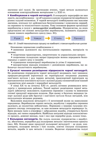 РОЗДІЛРОЗДІЛ33
113
çíà÷åííÿ öієї ãàëóçі. Çà ïðîãíîçàìè â÷åíèõ, ÷îðíі ìåòàëè çàëèøàòüñÿ
îñíîâíèìè êîíñòðóêöіéíèìè ìàòåðіàëàìè і ó XXI ñò.
 Комбінування в чорній металургії. Ç ïîïåðåäíіõ ïàðàãðàôіâ âè âæå
çíàєòå, ùî êîìáіíóâàííÿ – öå îá’єäíàííÿ â îäíîìó ïіäïðèєìñòâі âèðîáíèöòâ
ðіçíèõ ãàëóçåé åêîíîìіêè. Ó ÷îðíіé ìåòàëóðãії êîìáіíóâàííÿ ìàє âàæëèâå
çíà÷åííÿ, îñêіëüêè òóò çäіéñíþєòüñÿ áàãàòîñòóïåíåâà і êîìïëåêñíà ïåðåðîá-
êà ñèðîâèíè òà òåõíîëîãі÷íîãî ïàëèâà. Òîìó îñíîâíîþ ôîðìîþ îðãàíіçàöії
âèðîáíèöòâà â ãàëóçі є ìåòàëóðãіéíі êîìáіíàòè. Ïіäïðèєìñòâà, íà ÿêèõ
ïðåäñòàâëåíі âñі îñíîâíі ìåòàëóðãіéíі âèðîáíèöòâà, íàçèâàþòü ïіäïðèєì-
ñòâàìè ïîâíîãî âèðîáíè÷îãî öèêëó (ìàë. 61).
Р у д а Ч а в у н С т а л ь П р о к а т
Мал. 61. Стадії технологічного процесу на комбінаті з повним виробничим циклом
Îñíîâíèìè ïåðåâàãàìè êîìáіíóâàííÿ є:
 çíèæåííÿ çàëåæíîñòі âіä ïîñòà÷àëüíèêіâ ñèðîâèíè, ìàòåðіàëіâ òà
ïàëèâà;
 ñêîðî÷åííÿ òðàíñïîðòíèõ, åíåðãåòè÷íèõ òà óïðàâëіíñüêèõ âèòðàò;
 ñêîðî÷åííÿ ñêëàäñüêèõ âèòðàò (ïðîäóêöіþ ìîæíà ïåðåäàâàòè áåçïî-
ñåðåäíüî ç îäíîãî öåõó â іíøèé);
 ïіäâèùåííÿ êîíöåíòðàöії âèðîáíèöòâà (ç óñіìà її ïåðåâàãàìè);
 âèêîðèñòàííÿ âіäõîäіâ îñíîâíîãî і äîïîìіæíèõ âèðîáíèöòâ, ùî çà-
áåçïå÷óє åêîëîãі÷íіñòü âèðîáíèöòâà.
 Сучасні чинники розміщення підприємств чорної металургії.
Íà ðîçìіùåííÿ ïіäïðèєìñòâ ÷îðíîї ìåòàëóðãії âïëèâàþòü òàêі ÷èííèêè:
ïðèðîäíî-ðåñóðñíèé (îðієíòàöіÿ íà òåðèòîðіàëüíі ïîєäíàííÿ ðîäîâèù
êàì’ÿíîãî âóãіëëÿ і ðóä ÷îðíèõ ìåòàëіâ); òðàíñïîðòíèé (îðієíòàöіÿ íà
âàíòàæîïîòîêè êîêñіâíîãî âóãіëëÿ і çàëіçíîї ðóäè); ñïîæèâ÷èé (ïîâ’ÿçàíèé
ç ðîçâèòêîì ìіíі-çàâîäіâ і ïåðåðîáíîї ìåòàëóðãії).
Ó êіíöі ÕÕ òà íà ïî÷àòêó ÕÕІ ñò. äîñèòü àêòèâíî ðîçâèâàëàñÿ ìåòà-
ëóðãіÿ ó ïðèìîðñüêèõ ðàéîíàõ. Òàêèé âàðіàíò ðîçìіùåííÿ ÷îðíîї ìåòà-
ëóðãії çàáåçïå÷óє ìîæëèâіñòü ïіäâåçåííÿ ñèðîâèíè і ïàëèâà òà âèâåçåííÿ
ãîòîâîї ïðîäóêöії ìîðñüêèì øëÿõîì. Ïðè öüîìó â áàãàòüîõ âèïàäêàõ іì-
ïîðò çàëіçíîї ðóäè (àáî áðóõòó) і êàì’ÿíîãî âóãіëëÿ áіëüø âèãіäíèé, íіæ
åêñïëóàòàöіÿ ìіñöåâèõ ðîäîâèù.
Âàæëèâèì íåäîëіêîì ìåòàëóðãії є її íåãàòèâíèé âïëèâ íà íàâêîëèøíє
ñåðåäîâèùå. Âèðîáíèöòâî ÷îðíèõ ìåòàëіâ, âèäîáóòîê і ïåðåðîáêà ñèðîâèíè
íàëåæàòü äî åêîëîãі÷íî íåáåçïå÷íèõ. Ïîðіâíÿíî ç іíøèìè ãàëóçÿìè âòî-
ðèííîãî ñåêòîðó ãîñïîäàðñòâà, çà öèì âïëèâîì ìåòàëóðãіÿ ïåðåâåðøóє їõ.
Êðіì âèêèäіâ ãàçіâ â àòìîñôåðó і çàáðóäíåííÿ âîäîéì, óòâîðþєòüñÿ áàãàòî
âіäõîäіâ, ÿêі òÿæêî ïåðåðîáèòè. Íàéáіëüø øêіäëèâі âіäõîäè êîêñîõіìі÷íî-
ãî ïðîöåñó, äîìåííі âèêèäè, ãàçè і ïèë ïðè ïåðåðîáöі ðóäè, øëàêè òîùî.
 Кольорова металургія. Öÿ ãàëóçü îõîïëþє ïіäïðèєìñòâà ç âèäîáóò-
êó, çáàãà÷åííÿ, ïåðåðîáêè ðóä êîëüîðîâèõ ìåòàëіâ і âèãîòîâëåííÿ ïðîêàòó
(ìàë. 62). Îñíîâíі âèäè ïðîäóêöії êîëüîðîâîї ìåòàëóðãії – öå ðóäè, êîí-
öåíòðàòè, êîëüîðîâі ìåòàëè і їõíі ñïëàâè, õіìі÷íі ñïîëóêè êîëüîðîâèõ
ìåòàëіâ, âèðîáè іç öèõ ìåòàëіâ і ñïëàâіâ. Âîäíî÷àñ ïіäïðèєìñòâà ãàëóçі
 