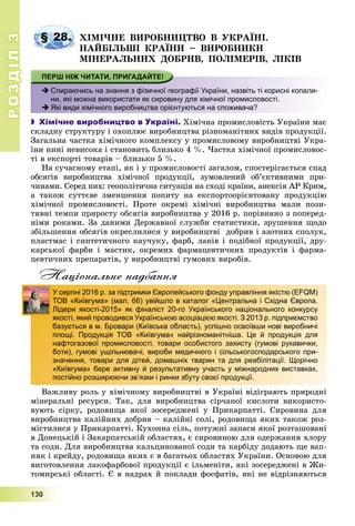 РОЗДІЛРОЗДІЛ33
1111333000
ÕІÌІ×ÍÅ ÂÈÐÎÁÍÈÖÒÂÎ Â ÓÊÐÀЇÍІ.
ÍÀÉÁІËÜØІ ÊÐÀЇÍÈ – ÂÈÐÎÁÍÈÊÈ
ÌІÍÅÐÀËÜÍÈÕ ÄÎÁÐÈÂ, ÏÎËІÌÅÐІÂ, ËІÊІÂ
 Спираючись на знання з фізичної географії України, назвіть ті корисні копали-
ни, які можна використати як сировину для хімічної промисловості.
 Які види хімічного виробництва орієнтуються на споживача?
 Хімічне виробництво в Україні. Õіìі÷íà ïðîìèñëîâіñòü Óêðàїíè ìàє
ñêëàäíó ñòðóêòóðó і îõîïëþє âèðîáíèöòâà ðіçíîìàíіòíèõ âèäіâ ïðîäóêöії.
Çàãàëüíà ÷àñòêà õіìі÷íîãî êîìïëåêñó ó ïðîìèñëîâîìó âèðîáíèöòâі Óêðà-
їíè íèíі íåâèñîêà і ñòàíîâèòü áëèçüêî 4 %. ×àñòêà õіìі÷íîї ïðîìèñëîâîñ-
òі â åêñïîðòі òîâàðіâ – áëèçüêî 5 %.
Íà ñó÷àñíîìó åòàïі, ÿê і ó ïðîìèñëîâîñòі çàãàëîì, ñïîñòåðіãàєòüñÿ ñïàä
îáñÿãіâ âèðîáíèöòâà õіìі÷íîї ïðîäóêöії, çóìîâëåíèé îá’єêòèâíèìè ïðè-
÷èíàìè. Ñåðåä íèõ: ãåîïîëіòè÷íà ñèòóàöіÿ íà ñõîäі êðàїíè, àíåêñіÿ ÀÐ Êðèì,
à òàêîæ ñóòòєâå çìåíøåííÿ ïîïèòó íà åêñïîðòîîðієíòîâàíó ïðîäóêöіþ
õіìі÷íîї ïðîìèñëîâîñòі. Ïðîòå îêðåìі õіìі÷íі âèðîáíèöòâà ìàëè ïîçè-
òèâíі òåìïè ïðèðîñòó îáñÿãіâ âèðîáíèöòâà ó 2016 ð. ïîðіâíÿíî ç ïîïåðåä-
íіìè ðîêàìè. Çà äàíèìè Äåðæàâíîї ñëóæáè ñòàòèñòèêè, çðóøåííÿ ùîäî
çáіëüøåííÿ îáñÿãіâ îêðåñëèëèñÿ ó âèðîáíèöòâі äîáðèâ і àçîòíèõ ñïîëóê,
ïëàñòìàñ і ñèíòåòè÷íîãî êàó÷óêó, ôàðá, ëàêіâ і ïîäіáíîї ïðîäóêöії, äðó-
êàðñüêîї ôàðáè і ìàñòèê, îêðåìèõ ôàðìàöåâòè÷íèõ ïðîäóêòіâ і ôàðìà-
öåâòè÷íèõ ïðåïàðàòіâ, ó âèðîáíèöòâі ãóìîâèõ âèðîáіâ.
Національне надбання
Âàæëèâó ðîëü ó õіìі÷íîìó âèðîáíèöòâі â Óêðàїíі âіäіãðàþòü ïðèðîäíі
ìіíåðàëüíі ðåñóðñè. Òàê, äëÿ âèðîáíèöòâà ñіð÷àíîї êèñëîòè âèêîðèñòî-
âóþòü ñіðêó, ðîäîâèùà ÿêîї çîñåðåäæåíі ó Ïðèêàðïàòòі. Ñèðîâèíà äëÿ
âèðîáíèöòâà êàëіéíèõ äîáðèâ – êàëіéíі ñîëі, ðîäîâèùà ÿêèõ òàêîæ ðîç-
ìіñòèëèñÿ ó Ïðèêàðïàòòі. Êóõîííà ñіëü, ïîòóæíі çàïàñè ÿêîї ðîçòàøîâàíі
â Äîíåöüêіé і Çàêàðïàòñüêіé îáëàñòÿõ, є ñèðîâèíîþ äëÿ îäåðæàííÿ õëîðó
òà ñîäè. Äëÿ âèðîáíèöòâà êàëüöèíîâàíîї ñîäè òà êàðáіäó äîäàþòü ùå âàï-
íÿê і êðåéäó, ðîäîâèùà ÿêèõ є â áàãàòüîõ îáëàñòÿõ Óêðàїíè. Îñíîâîþ äëÿ
âèãîòîâëåííÿ ëàêîôàðáîâîї ïðîäóêöії є іëüìåíіòè, ÿêі çîñåðåäæåíі â Æè-
òîìèðñüêі îáëàñòі. Є â íàäðàõ é ïîêëàäè ôîñôàòіâ, ÿêі íå âіäðіçíÿþòüñÿ
§ 28.
У серпні 2016 р. за підтримки Європейського фонду управління якістю (EFQM)
ТОВ «Київгума» (мал. 66) увійшло в каталог «Центральна і Східна Європа.
Лідери якості-2015» як фіналіст 20-го Українського національного конкурсу
якості, який проводився Українською асоціацією якості. З 2013 р. підприємство
базується в м. Бровари (Київська область), успішно освоївши нові виробничі
площі. Продукція ТОВ «Київгума» найрізноманітніша. Це й продукція для
нафтогазової промисловості, товари особистого захисту (гумові рукавички,
боти), гумові ущільнювачі, вироби медичного і сільськогосподарського при-
значення, товари для дітей, домашніх тварин та для реабілітації. Щорічно
«Київгума» бере активну й результативну участь у міжнародних виставках,
постійно розширюючи зв’язки і ринки збуту своєї продукції.
 