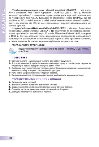 РОЗДІЛРОЗДІЛ44
11199998888
Ïіâíі÷íîàìåðèêàíñüêà çîíà âіëüíîї òîðãіâëі (ÍÀÔÒÀ – âіä àíãë.
North American Free Trade Agreement, NAFTA). Äіє ç 1994 ð. Îñíîâíà
ìåòà öієї îðãàíіçàöії – ñòâîðåííÿ ñïðèÿòëèâèõ óìîâ òîðãіâëі òà ðîçøèðåí-
íÿ òîâàðîîáіãó ìіæ ÑØÀ, Êàíàäîþ òà Ìåêñèêîþ. Íèíі ÍÀÔÒÀ, ùî äіє
ïîäіáíî äî ЄÑ, є íàéáіëüøîþ ó ñâіòі ðåãіîíàëüíîþ çîíîþ âіëüíîї òîðãіâëі,
ïðîòå, íà âіäìіíó âіä ЄÑ, íå ìàє ñïåöіàëüíî ñòâîðåíèõ ìіæäåðæàâíèõ êå-
ðіâíèõ îðãàíіâ.
Àñîöіàöіÿ äåðæàâ Ïіâäåííî-Ñõіäíîї Àçії (ÀÑÅÀÍ – âіä àíãë. Associationї
of SouthEast Asian Nations, ASEAN). Öå ïîëіòè÷íà òà åêîíîìі÷íà ìіæíà-
ðîäíà îðãàíіçàöіÿ, ùî îá’єäíóє 10 êðàїí Ïіâäåííî-Ñõіäíîї Àçії, ñòâîðåíà
â 1967 ð. Ìåòîþ àñîöіàöії áóëî ïðîãîëîøåíî ïðèñêîðåííÿ åêîíîìі÷íîãî
ðîçâèòêó òà ðîçøèðåííÿ âçàєìîâèãіäíîї òîðãіâëі ìіæ êðàїíàìè-÷ëåíàìè,
à òàêîæ íàäàííÿ їì çìîãè ìèðíîãî âèðіøåííÿ ñïіðíèõ ïèòàíü.
ÃÅÎÃÐÀÔІ×ÍÈÉ ІÍÒÅÐÀÊÒÈÂ
Г О Л О В Н Е
 Світова торгівля – це зовнішня торгівля всіх країн у сукупності.
 В основі зовнішньої торгівлі – міжнародний поділ праці – спеціалізація держав на
виробництві певних товарів і послуг та обмін ними.
 Особливістю сучасної світової торгівлі є зміни її основних показників: зовнішньотор-
говельного обігу, товарної і географічної структури.
 Роль країн, що розвиваються, у торгівлі зростає.
 Сучасна міжнародна торгівля найактивніше відбувається в певних регіонах.
ÏÅÐÅÂІÐÈÌÎ ÑÂÎЇ ÇÍÀÍÍß І ÂÌІÍÍß
1. Які існують види торгівлі?
2. Визначте основні показники зовнішньої торгівлі.
3. Схарактеризуйте основні особливості сучасної світової торгівлі.
4. Поясніть, де і коли виникли головні регіони світової торгівлі.
5. Доведіть необхідність зовнішньої торгівлі.
За даними Інтернету (Вікіпедії) визначте країни – члени СОТ, ЄС, НАФТА
та АСЕАН.
 