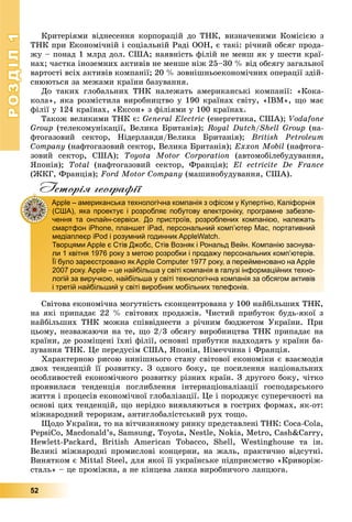 РОЗДІЛРОЗДІЛ11
52
Êðèòåðіÿìè âіäíåñåííÿ êîðïîðàöіé äî ÒÍÊ, âèçíà÷åíèìè Êîìіñієþ ç
ÒÍÊ ïðè Åêîíîìі÷íіé і ñîöіàëüíіé Ðàäі ÎÎÍ, є òàêі: ðі÷íèé îáñÿã ïðîäà-
æó – ïîíàä 1 ìëðä äîë. ÑØÀ; íàÿâíіñòü ôіëіé íå ìåíø ÿê ó øåñòè êðàї-
íàõ; ÷àñòêà іíîçåìíèõ àêòèâіâ íå ìåíøå íіæ 25–30 % âіä îáñÿãó çàãàëüíîї
âàðòîñòі âñіõ àêòèâіâ êîìïàíії; 20 % çîâíіøíüîåêîíîìі÷íèõ îïåðàöії çäіé-
ñíþþòüñÿ çà ìåæàìè êðàїíè áàçóâàííÿ.
Äî òàêèõ ãëîáàëüíèõ ÒÍÊ íàëåæàòü àìåðèêàíñüêі êîìïàíії: «Êîêà-
êîëà», ÿêà ðîçìіñòèëà âèðîáíèöòâî ó 190 êðàїíàõ ñâіòó, «IBM», ùî ìàє
ôіëії ó 124 êðàїíàõ, «Åêñîí» ç ôіëіÿìè ó 100 êðàїíàõ.
Òàêîæ âåëèêèìè ÒÍÊ є: General Electric (åíåðãåòèêà, ÑØÀ); Vodafone
Group (òåëåêîìóíіêàöії, Âåëèêà Áðèòàíіÿ); Royal Dutch/Shell Group (íà-
ôòîãàçîâèé ñåêòîð, Íіäåðëàíäè/Âåëèêà Áðèòàíіÿ); British Petroleum
Company (íàôòîãàçîâèé ñåêòîð, Âåëèêà Áðèòàíіÿ); Exxon Mobil (íàôòîãà-
çîâèé ñåêòîð, ÑØÀ); Toyota Motor Corporation (àâòîìîáіëåáóäóâàííÿ,
ßïîíіÿ); Total (íàôòîãàçîâèé ñåêòîð, Ôðàíöіÿ); El ectricite De France
(ÆÊÃ, Ôðàíöіÿ); Ford Motor Company (ìàøèíîáóäóâàííÿ, ÑØÀ).
Історія географії
Ñâіòîâà åêîíîìі÷íà ìîãóòíіñòü ñêîíöåíòðîâàíà ó 100 íàéáіëüøèõ ÒÍÊ,
íà ÿêі ïðèïàäàє 22 % ñâіòîâèõ ïðîäàæіâ. ×èñòèé ïðèáóòîê áóäü-ÿêîї ç
íàéáіëüøèõ ÒÍÊ ìîæíà ñïіââіäíåñòè ç ðі÷íèì áþäæåòîì Óêðàїíè. Ïðè
öüîìó, íåçâàæàþ÷è íà òå, ùî 2/3 îáñÿãó âèðîáíèöòâà ÒÍÊ ïðèïàäàє íà
êðàїíè, äå ðîçìіùåíі їõíі ôіëії, îñíîâíі ïðèáóòêè íàäõîäÿòü ó êðàїíè áà-
çóâàííÿ ÒÍÊ. Öå ïåðåäóñіì ÑØÀ, ßïîíіÿ, Íіìå÷÷èíà і Ôðàíöіÿ.
Õàðàêòåðíîþ ðèñîþ íèíіøíüîãî ñòàíó ñâіòîâîї åêîíîìіêè є âçàєìîäіÿ
äâîõ òåíäåíöіé її ðîçâèòêó. Ç îäíîãî áîêó, öå ïîñèëåííÿ íàöіîíàëüíèõ
îñîáëèâîñòåé åêîíîìі÷íîãî ðîçâèòêó ðіçíèõ êðàїí. Ç äðóãîãî áîêó, ÷іòêî
ïðîÿâèëàñÿ òåíäåíöіÿ ïîãëèáëåííÿ іíòåðíàöіîíàëіçàöії ãîñïîäàðñüêîãî
æèòòÿ і ïðîöåñіâ åêîíîìі÷íîї ãëîáàëіçàöії. Öå і ïîðîäæóє ñóïåðå÷íîñòі íà
îñíîâі öèõ òåíäåíöіé, ùî íåðіäêî âèÿâëÿþòüñÿ â ãîñòðèõ ôîðìàõ, ÿê-îò:
ìіæíàðîäíèé òåðîðèçì, àíòèãëîáàëіñòñüêèé ðóõ òîùî.
Ùîäî Óêðàїíè, òî íà âіò÷èçíÿíîìó ðèíêó ïðåäñòàâëåíі ÒÍÊ: Coca-Cola,
PepsiCo, Macdonald’s, Samsung, Toyota, Nestle, Nokia, Metro, Cash&Carry,
Hewlett-Packard, British American Tobacco, Shell, Westinghouse òà іí.
Âåëèêі ìіæíàðîäíі ïðîìèñëîâі êîíöåðíè, íà æàëü, ïðàêòè÷íî âіäñóòíі.
Âèíÿòêîì є Mittal Steel, äëÿ ÿêîї її óêðàїíñüêå ïіäïðèєìñòâî «Êðèâîðіæ-
ñòàëü» – öå ïðîìіæíà, à íå êіíöåâà ëàíêà âèðîáíè÷îãî ëàíöþãà.
Apple – американська технологічна компанія з офісом у Купертіно, Каліфорнія
(США), яка проектує і розробляє побутову електроніку, програмне забезпе-
чення та онлайн-сервіси. До пристроїв, розроблених компанією, належать
смартфон iPhone, планшет iPad, персональний комп’ютер Mac, портативний
медіаплеєр iPod і розумний годинник AppleWatch.
Творцями Apple є Стів Джобс, Стів Возняк і Рональд Вейн. Компанію заснува-
ли 1 квітня 1976 року з метою розробки і продажу персональних комп’ютерів.
Її було зареєстровано як Apple Computer 1977 року, а перейменовано на Apple
2007 року. Apple – це найбільша у світі компанія в галузі інформаційних техно-
логій за виручкою, найбільша у світі технологічна компанія за обсягом активів
і третій найбільший у світі виробник мобільних телефонів.
 