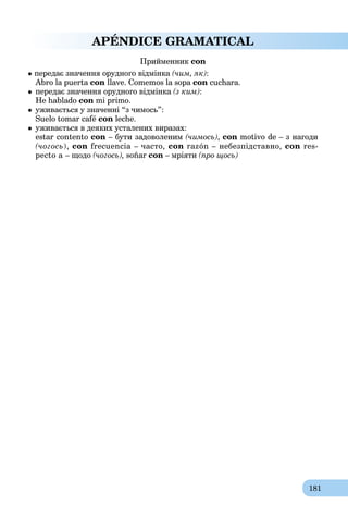 181
APÉNDICE GRAMATICAL
Прийменник con
 передає значення орудного відмінка (чим, як):
Abro la puerta con llave. Comemos la sopa con cuchara.
 передає значення орудного відмінка (з ким):
He hablado con mi primo.
 уживається у значенні “з чимось”:
Suelo tomar café con leche.
 yживається в деяких усталених виразах:
estar contento con – бути задоволеним (чимось), con motivo de – з нагоди
(чогось), con frecuencia – часто, con razón – небезпідставно, con res-
pecto a – щодо (чогось), soñar con – мріяти (про щось)
 