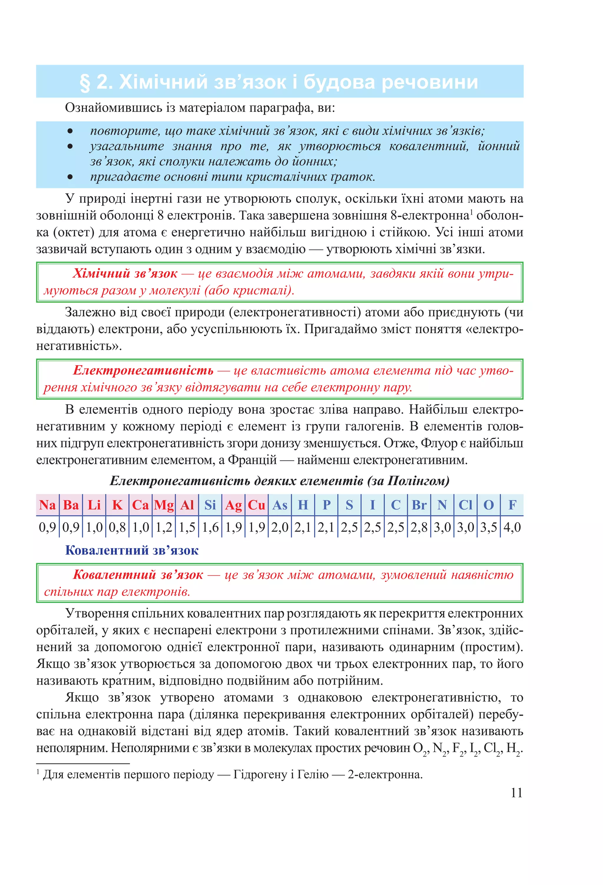 11
Залежно від своєї природи (електронегативності) атоми або приєднують (чи
віддають) електрони, або усуспільнюють їх. Пригадаймо зміст поняття «електро-
негативність».
•	 повторите, що таке хімічний зв’язок, які є види хімічних зв’язків;
•	 узагальните знання про те, як утворюється ковалентний, йонний
зв’язок, які сполуки належать до йонних;
•	 пригадаєте основні типи кристалічних ґраток.
Ознайомившись із матеріалом параграфа, ви:
§ 2. Хімічний зв’язок і будова речовини
1
Для елементів першого періоду — Гідрогену і Гелію — 2-eлектронна.
У природі інертні гази не утворюють сполук, оскільки їхні атоми мають на
зовнішній оболонці 8 електронів. Така завершена зовнішня 8-електронна1
оболон-
ка (октет) для атома є енергетично найбільш вигідною і стійкою. Усі інші атоми
зазвичай вступають один з одним у взаємодію — утворюють хімічні зв’язки.
Хімічний зв’язок — це взаємодія між атомами, завдяки якій вони утри-
муються разом у молекулі (або кристалі).
Електронегативність — це властивість атома елемента під час утво-
рення хімічного зв’язку відтягувати на себе електронну пару.
Ковалентний зв’язок — це зв’язок між атомами, зумовлений наявністю
спільних пар електронів.
Електронегативність деяких елементів (за Полінгом)
Ковалентний зв’язок
Утворення спільних ковалентних пар розглядають як перекриття електронних
орбіталей, у яких є неспарені електрони з протилежними спінами. Зв’язок, здійс-
нений за допомогою однієї електронної пари, називають одинарним (простим).
Якщо зв’язок утворюється за допомогою двох чи трьох електронних пар, то його
називають кра́тним, відповідно подвійним або потрійним.
Якщо зв’язок утворено атомами з однаковою електронегативністю, то
спільна електронна пара (ділянка перекривання електронних орбіталей) перебу-
ває на однаковій відстані від ядер атомів. Такий ковалентний зв’язок називають
неполярним. Неполярними є зв’язки в молекулах простих речовин O2
, N2
, F2
, І2
, Cl2
, H2
.
В елементів одного періоду вона зростає зліва направо. Найбільш електро-
негативним у кожному періоді є елемент із групи галогенів. В елементів голов-
них підгруп електронегативність згори донизу зменшується. Отже, Флуор є найбільш
електронегативним елементом, а Францій — найменш електронегативним.
Na Ba Li K Ca Mg Al Si Ag Cu As H P S I C Br N Cl O F
0,9 0,9 1,0 0,8 1,0 1,2 1,5 1,6 1,9 1,9 2,0 2,1 2,1 2,5 2,5 2,5 2,8 3,0 3,0 3,5 4,0
 