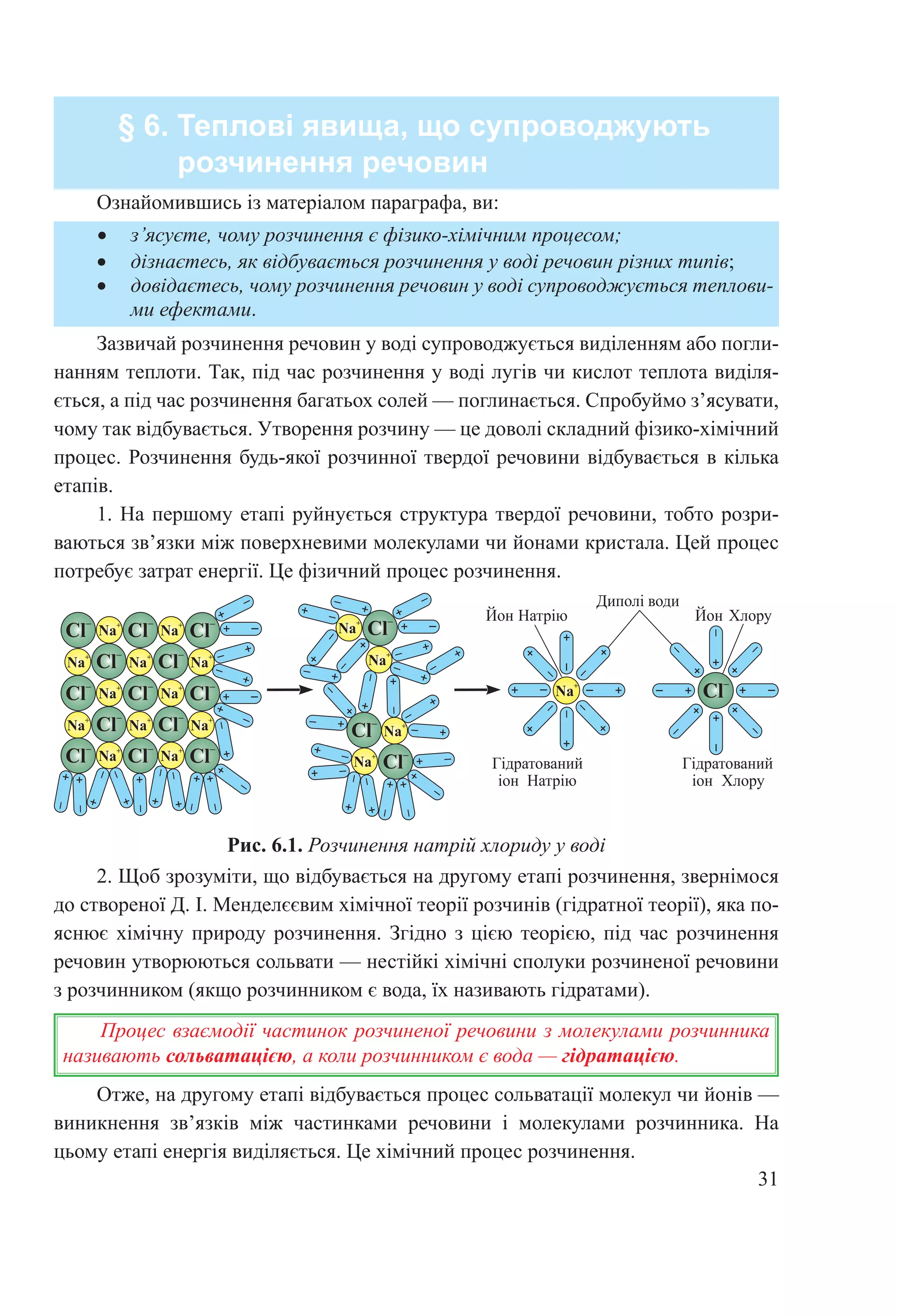 31
2. Щоб зрозуміти, що відбувається на другому етапі розчинення, звернімося
до створеної Д. І. Менделєєвим хімічної теорії розчинів (гідратної теорії), яка по-
яснює хімічну природу розчинення. Згідно з цією теорією, під час розчинення
речовин утворюються сольвати — нестійкі хімічні сполуки розчиненої речовини
з розчинником (якщо розчинником є вода, їх називають гідратами).
Отже, на другому етапі відбувається процес сольватації молекул чи йонів —
виникнення зв’язків між частинками речовини і молекулами розчинника. На
цьому етапі енергія виділяється. Це хімічний процес розчинення.
§ 6. Теплові явища, що супроводжують
розчинення речовин
•	 з’ясуєте, чому розчинення є фізико-хімічним процесом;
•	 дізнаєтесь, як відбувається розчинення у воді речовин різних типів;
•	 довідаєтесь, чому розчинення речовин у воді супроводжується теплови-
ми ефектами.
Ознайомившись із матеріалом параграфа, ви:
Рис..6.1..Розчинення натрій хлориду у воді
Процес взаємодії частинок розчиненої речовини з молекулами розчинника
називають сольватацією, а коли розчинником є вода — гідратацією.
Зазвичай розчинення речовин у воді супроводжується виділенням або погли-
нанням теплоти. Так, під час розчинення у воді лугів чи кислот теплота виділя-
ється, а під час розчинення багатьох солей — поглинається. Спробуймо з’ясувати,
чому так відбувається. Утворення розчину — це доволі складний фізико-хімічний
процес. Розчинення будь-якої розчинної твердої речовини відбувається в кілька
етапів.
1. На першому етапі руйнується структура твердої речовини, тобто розри-
ваються зв’язки між поверхневими молекулами чи йонами кристала. Цей процес
потребує затрат енергії. Це фізичний процес розчинення.
Ди ол о и
Йон а ю Йон Хло
а о аний
он а ю он Хло
а о аний
Cl–
Na+ +–
+ – + –
+–
+–
+
–
+
–
+
–
+
–
+–
+–
+–
+
–
+
–
+
–
+
–
Cl
–
Cl
–
Na+
Cl
–
Na+
Na+
Cl
–
Na+
Cl
–
Na+
Cl
–
Cl
–
Na+
Cl
–
Na+
Na+
Cl
–
Na+
Cl
–
Na+
Cl
–
Cl
–
Na+
Cl
–
Na+
+ –
+ –
+
–
+
–
+
–
+
–
+
–
+
–
+
–
+
–
+
–
+
–
+–
+–
+
–
+
–
+–
Cl–
Na+
Na+
+ –
+
–
+
–
+
–
Na+
Cl
–
Cl–
Na
+
+–
+
–
+ –
+
–
+
–
+
–
+
–
+–
+–
+–
+ –
+ –
+
–
+
–
+
–
+–
+ –
+–
+
–
+
–
 