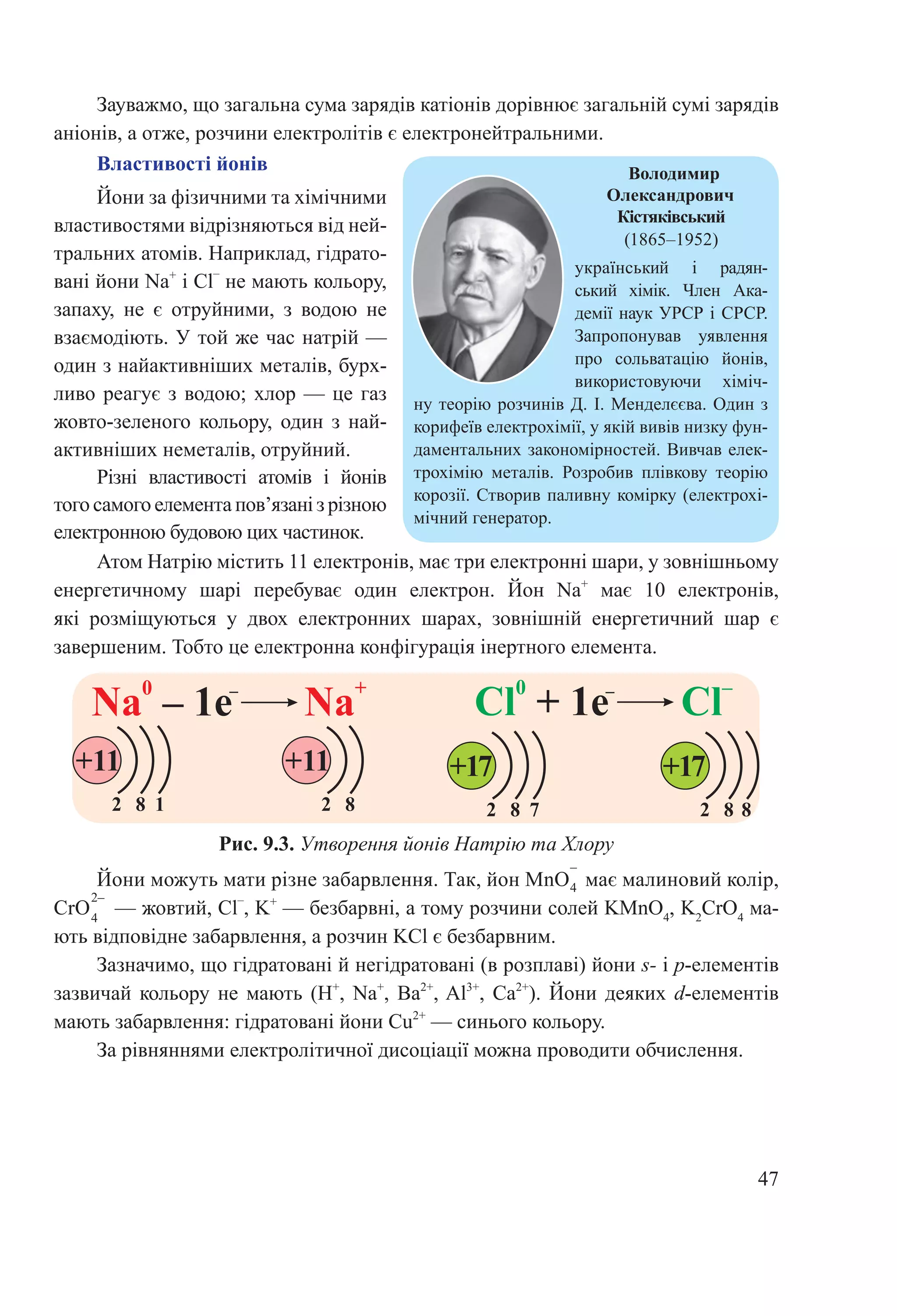 47
Зауважмо, що загальна сума зарядів катіонів дорівнює загальній сумі зарядів
аніонів, а отже, розчини електролітів є електронейтральними.
Володимир
Олександрович
Кістяківський
(1865–1952)
український і радян-
ський хімік. Член Ака-
демії наук УРСР і СРСР.
Запропонував уявлення
про сольватацію йонів,
використовуючи хіміч-
ну теорію розчинів Д. І. Менделєєва. Один з
корифеїв електрохімії, у якій вивів низку фун-
даментальних закономірностей. Вивчав елек-
трохімію металів. Розробив плівкову теорію
корозії. Створив паливну комірку (електрохі-
мічний генератор.
Властивості йонів
Йони за фізичними та хімічними
властивостями відрізняються від ней-
тральних атомів. Наприклад, гідрато-
вані йони Na+
і Cl
–
не мають кольору,
запаху, не є отруйними, з водою не
взаємодіють. У той же час натрій —
один з найактивніших металів, бурх-
ливо реагує з водою; хлор — це газ
жовто-зеленого кольору, один з най-
активніших неметалів, отруйний.
Різні властивості атомів і йонів
того самого елемента пов’язані з різною
електронною будовою цих частинок.
Рис. 9.3. Утворення йонів Натрію та Хлору
Атом Натрію містить 11 електронів, має три електронні шари, у зовнішньому
енергетичному шарі перебуває один електрон. Йон Na+
має 10  електронів,
які розміщуються у двох електронних шарах, зовнішній енергетичний шар є
завершеним. Тобто це електронна конфігурація інертного елемента.
Na Na0 +
– 1e
+11
12 8
+11
2 8
Cl Cl
0 –
+ 1e
+17
72 8 2 8
+17
8
Йони можуть мати різне забарвлення. Так, йон MnO має малиновий колір,
CrO  — жовтий, Cl
–
, K+
 — безбарвні, а тому розчини солей KMnO4
, K2
CrO4
ма-
ють відповідне забарвлення, а розчин KCl є безбарвним.
Зазначимо, що гідратовані й негідратовані (в розплаві) йони s- і p-елементів
зазвичай кольору не мають (H+
, Na+
, Ba2+
, Al3+
, Ca2+
). Йони деяких d-елементів
мають забарвлення: гідратовані йони Cu2+
— синього кольору.
За рівняннями електролітичної дисоціації можна проводити обчислення.
–
4
2–
4
 