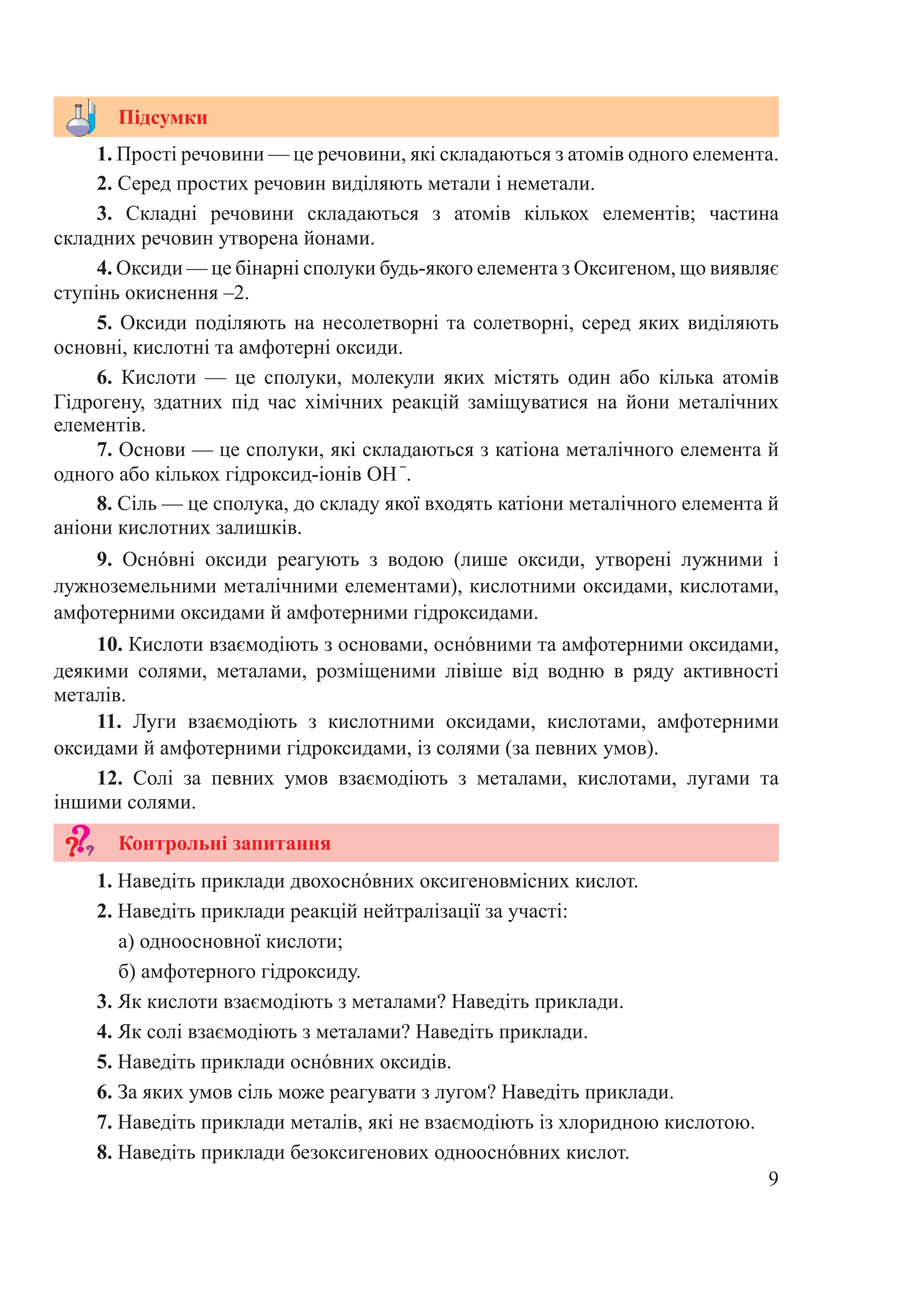 9
Підсумки
Контрольні запитання
1. Прості речовини — це речовини, які складаються з атомів одного елемента.
2. Серед простих речовин виділяють метали і неметали.
3.  Складні речовини складаються з атомів кількох елементів; частина
складних речовин утворена йонами.
4. Оксиди — це бінарні сполуки будь-якого елемента з Оксигеном, що виявляє
ступінь окиснення –2.
5. Оксиди поділяють на несолетворні та солетворні, серед яких виділяють
основні, кислотні та амфотерні оксиди.
6.  Кислоти  — це сполуки, молекули яких містять один або кілька атомів
Гідрогену, здатних під час хімічних реакцій заміщуватися на йони металічних
елементів.
7. Основи — це сполуки, які складаються з катіона металічного елемента й
одного або кількох гідроксид-іонів OH
–
.
8. Сіль — це сполука, до складу якої входять катіони металічного елемента й
аніони кислотних залишків.
9.  Оснóвні оксиди реагують з водою (лише оксиди, утворені лужними і
лужноземельними металічними елементами), кислотними оксидами, кислотами,
амфотерними оксидами й амфотерними гідроксидами.
10. Кислоти взаємодіють з основами, оснóвними та амфотерними оксидами,
деякими солями, металами, розміщеними лівіше від водню в ряду активності
металів.
11.  Луги взаємодіють з кислотними оксидами, кислотами, амфотерними
оксидами й амфотерними гідроксидами, із солями (за певних умов).
12.  Солі за певних умов взаємодіють з металами, кислотами, лугами та
іншими солями.
1. Наведіть приклади двохоснóвних оксигеновмісних кислот.
2. Наведіть приклади реакцій нейтралізації за участі:
а) одноосновної кислоти;
б) амфотерного гідроксиду.
3. Як кислоти взаємодіють з металами? Наведіть приклади.
4. Як солі взаємодіють з металами? Наведіть приклади.
5. Наведіть приклади оснóвних оксидів.
6. За яких умов сіль може реагувати з лугом? Наведіть приклади.
7. Наведіть приклади металів, які не взаємодіють із хлоридною кислотою.
8. Наведіть приклади безоксигенових однооснóвних кислот.
 