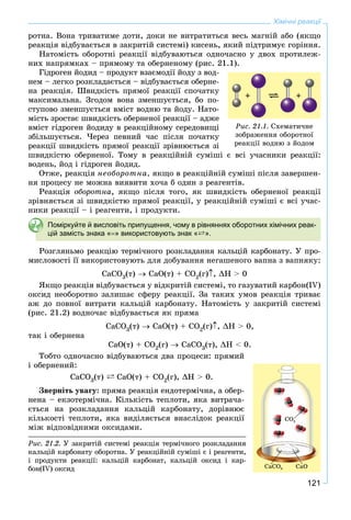 121
Хімічні реакції
ðîòíà. Âîíà òðèâàòèìå äîòè, äîêè íå âèòðàòèòüñÿ âåñü ìàãíіé àáî (ÿêùî
ðåàêöіÿ âіäáóâàєòüñÿ â çàêðèòіé ñèñòåìі) êèñåíü, ÿêèé ïіäòðèìóє ãîðіííÿ.
Íàòîìіñòü îáîðîòíі ðåàêöії âіäáóâàþòüñÿ îäíî÷àñíî ó äâîõ ïðîòèëåæ-
íèõ íàïðÿìêàõ – ïðÿìîìó òà îáåðíåíîìó (ðèñ. 21.1).
Ãіäðîãåí éîäèä – ïðîäóêò âçàєìîäії éîäó ç âîä-
íåì – ëåãêî ðîçêëàäàєòüñÿ – âіäáóâàєòüñÿ îáåðíå-
íà ðåàêöіÿ. Øâèäêіñòü ïðÿìîї ðåàêöії ñïî÷àòêó
ìàêñèìàëüíà. Çãîäîì âîíà çìåíøóєòüñÿ, áî ïî-
ñòóïîâî çìåíøóєòüñÿ âìіñò âîäíþ òà éîäó. Íàòî-
ìіñòü çðîñòàє øâèäêіñòü îáåðíåíîї ðåàêöії – àäæå
âìіñò ãіäðîãåí éîäèäó â ðåàêöіéíîìó ñåðåäîâèùі
çáіëüøóєòüñÿ. ×åðåç ïåâíèé ÷àñ ïіñëÿ ïî÷àòêó
ðåàêöії øâèäêіñòü ïðÿìîї ðåàêöії çðіâíþєòüñÿ çі
øâèäêіñòþ îáåðíåíîї. Òîìó â ðåàêöіéíіé ñóìіøі є âñі ó÷àñíèêè ðåàêöії:
âîäåíü, éîä і ãіäðîãåí éîäèä.
Îòæå, ðåàêöіÿ íåîáîðîòíà, ÿêùî â ðåàêöіéíіé ñóìіøі ïіñëÿ çàâåðøåí-
íÿ ïðîöåñó íå ìîæíà âèÿâèòè õî÷à á îäèí ç ðåàãåíòіâ.
Ðåàêöіÿ îáîðîòíà, ÿêùî ïіñëÿ òîãî, ÿê øâèäêіñòü îáåðíåíîї ðåàêöії
çðіâíÿєòüñÿ çі øâèäêіñòþ ïðÿìîї ðåàêöії, ó ðåàêöіéíіé ñóìіøі є âñі ó÷àñ-
íèêè ðåàêöії – і ðåàãåíòè, і ïðîäóêòè.
Поміркуйте й висловіть припущення, чому в рівняннях оборотних хімічних реак-
цій замість знака «» використовують знак «`».
Ðîçãëÿíüìî ðåàêöіþ òåðìі÷íîãî ðîçêëàäàííÿ êàëüöіé êàðáîíàòó. Ó ïðî-
ìèñëîâîñòі її âèêîðèñòîâóþòü äëÿ äîáóâàííÿ íåãàøåíîãî âàïíà ç âàïíÿêó:
ÑàÑO3(ò)  ÑàÎ(ò) + ÑÎ2(ã), H > 0
ßêùî ðåàêöіÿ âіäáóâàєòüñÿ ó âіäêðèòіé ñèñòåìі, òî ãàçóâàòèé êàðáîí(ІV)
îêñèä íåîáîðîòíî çàëèøàє ñôåðó ðåàêöії. Çà òàêèõ óìîâ ðåàêöіÿ òðèâàє
àæ äî ïîâíîї âèòðàòè êàëüöіé êàðáîíàòó. Íàòîìіñòü ó çàêðèòіé ñèñòåìі
(ðèñ. 21.2) âîäíî÷àñ âіäáóâàєòüñÿ ÿê ïðÿìà
CaCO3(ò)  CaO(ò) + CO2(ã), H > 0,
òàê і îáåðíåíà
CaO(ò) + CO2(ã)  CaCO3(ò), H < 0.
Òîáòî îäíî÷àñíî âіäáóâàþòüñÿ äâà ïðîöåñè: ïðÿìèé
і îáåðíåíèé:
CaCO3(ò) ` CaO(ò) + CO2(ã), H > 0.
Çâåðíіòü óâàãó: ïðÿìà ðåàêöіÿ åíäîòåðìі÷íà, à îáåð-
íåíà – åêçîòåðìі÷íà. Êіëüêіñòü òåïëîòè, ÿêà âèòðà÷à-
єòüñÿ íà ðîçêëàäàííÿ êàëüöіé êàðáîíàòó, äîðіâíþє
êіëüêîñòі òåïëîòè, ÿêà âèäіëÿєòüñÿ âíàñëіäîê ðåàêöії
ìіæ âіäïîâіäíèìè îêñèäàìè.
Ðèñ. 21.1. Ñõåìàòè÷íå
çîáðàæåííÿ îáîðîòíîї
ðåàêöії âîäíþ ç éîäîì
Ðèñ. 21.2. Ó çàêðèòіé ñèñòåìі ðåàêöіÿ òåðìі÷íîãî ðîçêëàäàííÿ
êàëüöіé êàðáîíàòó îáîðîòíà. Ó ðåàêöіéíіé ñóìіøі є і ðåàãåíòè,
і ïðîäóêòè ðåàêöії: êàëüöіé êàðáîíàò, êàëüöіé îêñèä і êàð-
áîí(IV) îêñèä
 