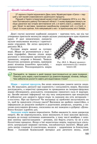 189
Початкові поняття про органічні сполуки
Цікаво і пізнавально
27 серпня в Україні відзначають День сала. Музей-ресторан «Сало» – пер-
ший у світі музей славнозвісного українського продукту.
Перший в Україні інтерактивний музей історії олії відкрили 2014 р. в с. Ма-
чухи Полтавського району Полтавської області. У ньому відвідувачі можуть не
лише дізнатися про історію виготовлення олії, а й взяти участь у самому про-
цесі. Музеї та виставки, присвячені виробництву оливкової олії, є в Італії, в
Греції та інших країнах. Але найцікавіший з них – в ізраїльському місті Хайфа.
Äîâãі ãíó÷êі íàñè÷åíі êàðáîíîâі ëàíöþãè – ïðè÷èíà òîãî, ùî ïіä ÷àñ
óòâîðåííÿ êðèñòàëіâ ìîëåêóëè æèðіâ ùіëüíî óïàêîâóþòüñÿ îäíà âіäíîñíî
îäíîї. Ó ðàçі íåíàñè÷åíèõ ëàíöþãіâ
ùіëüíå âïàêóâàííÿ ìîëåêóë і êðèñòàëі-
çàöіÿ óòðóäíåíі. Öå ëåãêî çðîçóìіòè ç
ðèñóíêà 36.5.
Ãóñòèíè æèðіâ ìåíøі çà ãóñòèíó
âîäè. Æèðè íå ðîç÷èíÿþòüñÿ ó âîäі –
âîíè ãіäðîôîáíі. Çíà÷íî ëіïøå æèðè
ðîç÷èííі â íåïîëÿðíèõ îðãàíі÷íèõ ðîç-
÷èííèêàõ, çîêðåìà â áåíçèíі. ×èìàëî
áіîëîãі÷íî àêòèâíèõ ðå÷îâèí, ïðèìіðîì
äåÿêі âіòàìіíè (íàâåäіòü ïðèêëàäè), –
æèðîðîç÷èííі. Òåïëîïðîâіäíіñòü æèðіâ
íèçüêà.
Пригадайте, як тварини в дикій природі пристосовуються до умов існування.
Поясніть роль жирів у пристосованості до довкілля ведмедів, пінгвінів, лебедів.
Чим небезпечне розлиття нафти для водоплавних птахів?
Æèðè – õàð÷îâі ïðîäóêòè, áåç ÿêèõ íåìîæëèâî óÿâèòè æèòòÿ ëþäè-
íè. Íå âùóõàþòü äèñêóñії ïðî êîðèñíіñòü і øêіäëèâіñòü æèðіâ. Íàóêîâöі
äîñëіäæóþòü, à ïåðåñі÷íі ãðîìàäÿíè òà ãðîìàäÿíêè íà іíòåðíåò-ôîðóìàõ
æâàâî îáãîâîðþþòü äîöіëüíіñòü ñïîæèâàííÿ ñâèíÿ÷îãî ñàëà é ìàðãàðè-
íó. Çàñîáè ìàñîâîї іíôîðìàöії ÷àñ âіä ÷àñó ïîâіäîìëÿþòü ïðî âñþäèñóùі
é íåáåçïå÷íі äëÿ çäîðîâ’ÿ òðàíñ-æèðè òà ïàíàöåþ âіä óñіõ íåãàðàçäіâ –
-êèñëîòè. Ïðî ùî éäåòüñÿ? ×è íàñïðàâäі öі ïðîáëåìè çàñëóãîâóþòü íà
òå, ùîá їì ïðèäіëÿòè ñòіëüêè óâàãè? Âèñíîâêè âè çðîáèòå ñàìîñòіéíî, à
іíôîðìàöіþ äî ðîçäóìіâ çíàéäåòå â äîäàòêîâèõ äæåðåëàõ, çîêðåìà, ó íà-
óêîâî-ïîïóëÿðíèõ ôіëüìàõ, ïîñèëàííÿ íà ÿêі íàâåäåíî â ðóáðèöі «Äіçíà-
éòåñÿ áіëüøå» (çðîáіòü öå).
Çíà÷åííÿ æèðіâ âàæêî ïåðåîöіíèòè. Õèáíî ââàæàòè їõ ëèøå äæåðåëîì
åíåðãії. ßê âè ïåðåñâіä÷èëèñÿ, âîíè âèêîíóþòü é іíøі âàæëèâі ôóíêöії,
âõîäÿòü äî ñêëàäó êëіòèííèõ êîìïîíåíòіâ, ó òîìó ÷èñëі ìåìáðàí, є îñíî-
âîþ ñèíòåçó ïðîñòàãëàíäèíіâ – ðå÷îâèí, ÿêі áåðóòü ó÷àñòü ÷è íå â óñіõ
áіîëîãі÷íèõ ïðîöåñàõ. ßêùî â їæі íåäîñòàòíüî æèðіâ, ïîðóøóєòüñÿ äіÿëü-
íіñòü öåíòðàëüíîї íåðâîâîї ñèñòåìè, ïîñëàáëþєòüñÿ іìóíіòåò. Æèðè ðîá-
ëÿòü øêіðó ãëàäêîþ é åëàñòè÷íîþ, âîëîññÿ – çäîðîâіøèì òà áëèñêó÷èì.
Âîíè – ãîëîâíèé áóäіâåëüíèé ìàòåðіàë äëÿ äèòÿ÷îãî ìîçêó, ÿêèé
Ðèñ. 36.5. 1. Ìîäåëі ìîëåêóë
æèðіâ: íàñè÷åíîãî (1) і íåíàñè-
÷åíîãî (2)
1 2
 