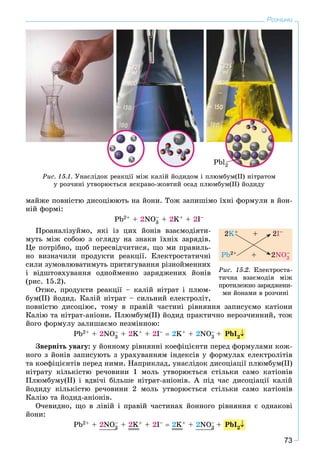 73
Розчини
ìàéæå ïîâíіñòþ äèñîöіþþòü íà éîíè. Òîæ çàïèøіìî їõíі ôîðìóëè â éîí-
íіé ôîðìі:
Pb2+ + 2NO3
– + 2K+ + 2I–
Ïðîàíàëіçóéìî, ÿêі іç öèõ éîíіâ âçàєìîäіÿòè-
ìóòü ìіæ ñîáîþ ç îãëÿäó íà çíàêè їõíіõ çàðÿäіâ.
Öå ïîòðіáíî, ùîá ïåðåñâіä÷èòèñÿ, ùî ìè ïðàâèëü-
íî âèçíà÷èëè ïðîäóêòè ðåàêöії. Åëåêòðîñòàòè÷íі
ñèëè çóìîâëþâàòèìóòü ïðèòÿãóâàííÿ ðіçíîéìåííèõ
і âіäøòîâõóâàííÿ îäíîéìåííî çàðÿäæåíèõ éîíіâ
(ðèñ. 15.2).
Îòæå, ïðîäóêòè ðåàêöії – êàëіé íіòðàò і ïëþì-
áóì(ІІ) éîäèä. Êàëіé íіòðàò – ñèëüíèé åëåêòðîëіò,
ïîâíіñòþ äèñîöіþє, òîìó â ïðàâіé ÷àñòèíі ðіâíÿííÿ çàïèñóєìî êàòіîíè
Êàëіþ òà íіòðàò-àíіîíè. Ïëþìáóì(ІІ) éîäèä ïðàêòè÷íî íåðîç÷èííèé, òîæ
éîãî ôîðìóëó çàëèøàєìî íåçìіííîþ:
Pb2+ + 2NO3
– + 2K+ + 2I–  2K+ + 2NO3
– +
Çâåðíіòü óâàãó: ó éîííîìó ðіâíÿííі êîåôіöієíòè ïåðåä ôîðìóëàìè êîæ-
íîãî ç éîíіâ çàïèñóþòü ç óðàõóâàííÿì іíäåêñіâ ó ôîðìóëàõ åëåêòðîëіòіâ
òà êîåôіöієíòіâ ïåðåä íèìè. Íàïðèêëàä, óíàñëіäîê äèñîöіàöії ïëþìáóì(ІІ)
íіòðàòó êіëüêіñòþ ðå÷îâèíè 1 ìîëü óòâîðþєòüñÿ ñòіëüêè ñàìî êàòіîíіâ
Ïëþìáóìó(ІІ) і âäâі÷і áіëüøå íіòðàò-àíіîíіâ. À ïіä ÷àñ äèñîöіàöії êàëіé
éîäèäó êіëüêіñòþ ðå÷îâèíè 2 ìîëü óòâîðþєòüñÿ ñòіëüêè ñàìî êàòіîíіâ
Êàëіþ òà éîäèä-àíіîíіâ.
Î÷åâèäíî, ùî â ëіâіé і ïðàâіé ÷àñòèíàõ éîííîãî ðіâíÿííÿ є îäíàêîâі
éîíè:
Pb2+ + 2NO3
– + 2K+ + 2I–  2K+ + 2NO3
– +
PbI2
PbI2
2K+ + 2I–
Pb2+ + 2NO3
–
Ðèñ. 15.2. Åëåêòðîñòà-
òè÷íà âçàєìîäіÿ ìіæ
ïðîòèëåæíî çàðÿäæåíè-
ìè éîíàìè â ðîç÷èíі
Pbl2
Ðèñ. 15.1. Óíàñëіäîê ðåàêöії ìіæ êàëіé éîäèäîì і ïëþìáóì(ІІ) íіòðàòîì
ó ðîç÷èíі óòâîðþєòüñÿ ÿñêðàâî-æîâòèé îñàä ïëþìáóì(ІІ) éîäèäó
 