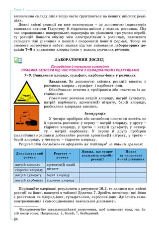 84
Тема 1
âèçíà÷åííÿ ñêëàäó ëіêіâ òîùî ÷àñòî ґðóíòóþòüñÿ íà ïåâíèõ ÿêіñíèõ ðåàê-
öіÿõ.
Äåÿêі ÿêіñíі ðåàêöії âè âæå âèêîíóâàëè – çà äîïîìîãîþ іíäèêàòîðіâ
âèÿâëÿëè êàòіîíè Ãіäðîãåíó é ãіäðîêñèä-àíіîíè ó âîäíèõ ðîç÷èíàõ. Ïіä
÷àñ îïðàöþâàííÿ ïîïåðåäíüîãî ïàðàãðàôà âè äіçíàëèñÿ ïðî óìîâè ïåðåáі-
ãó ðåàêöіé éîííîãî îáìіíó ìіæ åëåêòðîëіòàìè â ðîç÷èíàõ, íàâ÷èëèñÿ
ñêëàäàòè їõíі ðіâíÿííÿ â ïîâíіé і ñêîðî÷åíіé éîííіé ôîðìàõ. Òåïåð âè
çìîæåòå çàñòîñóâàòè íàáóòі çíàííÿ ïіä ÷àñ âèêîíàííÿ ëàáîðàòîðíèõ äî-
ñëіäіâ 7–9 ç âèÿâëåííÿ õëîðèä-іîíіâ ó âîäíèõ ðîç÷èíàõ ðå÷îâèí.
ËÀÁÎÐÀÒÎÐÍÈÉ ÄÎÑËІÄ
Пригадайте й неухильно виконуйте
ПРАВИЛА БЕЗПЕКИ ПІД ЧАС РОБОТИ З ОБЛАДНАННЯМ І РЕАКТИВАМИ
7–9. Âèÿâëåííÿ õëîðèä-, ñóëüôàò-, êàðáîíàò-іîíіâ ó ðîç÷èíàõ
Çàâäàííÿ. Çà äîïîìîãîþ ÿêіñíèõ ðåàêöіé âèÿâіòü ó
ðîç÷èíàõ õëîðèä-, ñóëüôàò- і êàðáîíàò-іîíè.
Îáëàäíàííÿ: øòàòèâ ç ïðîáіðêàìè àáî ïëàñòèíà іç çà-
ãëèáèíàìè.
Ðåàêòèâè: ðîç÷èíè íàòðіé õëîðèäó, íàòðіé ñóëüôàòó,
íàòðіé êàðáîíàòó, àðãåíòóì(І) íіòðàòó, áàðіé õëîðèäó,
ðîçáàâëåíà õëîðèäíà êèñëîòà.
Іíñòðóêöіÿ
Ó ÷îòèðè ïðîáіðêè àáî çàãëèáèíè ïëàñòèíè âíåñіòü ïî
5 êðàïåëü ðîç÷èíіâ: ó ïåðøó – íàòðіé õëîðèäó, ó äðóãó –
ãіäðîãåí õëîðèäó, ó òðåòþ – íàòðіé ñóëüôàòó, ó ÷åòâåð-
òó – íàòðіé êàðáîíàòó. Ó ïåðøó é äðóãó ïðîáіðêè
(çàãëèáèíè) êðàïëÿìè äîáàâëÿéòå ðîç÷èí àðãåíòóì(І) íіòðàòó, ó òðåòþ –
áàðіé õëîðèäó, ó ÷åòâåðòó – ãіäðîãåí õëîðèäó.
Ðåçóëüòàòè äîñëіäæåííÿ îôîðìіòü ÿê òàáëèöþ1 çà òàêèì çðàçêîì:
Äîñëіäæóâàíèé
ðîç÷èí
Ðåàãåíò –
ðîç÷èí
ßâèùà, ùî ñóïðî-
âîäæóþòü ïåðåáіã
ðåàêöії
Ïîâíå
òà ñêîðî÷åíå
éîííі ðіâíÿííÿ
íàòðіé õëîðèäó àðãåíòóì(І) êàëіé
íіòðàòóãіäðîãåí õëîðèäó
íàòðіé ñóëüôàòó áàðіé õëîðèäó
íàòðіé êàðáîíàòó ãіäðîãåí õëîðèäó
Ïîðіâíÿéòå îäåðæàíі ðåçóëüòàòè ç ðèñóíêîì 16.2. òà äàíèìè ïðî ÿêіñíі
ðåàêöії íà éîíè, íàâåäåíі â òàáëèöі Äîäàòêà 7. Çðîáіòü âèñíîâîê, ÿêі éîíè
є ðåàêòèâîì íà õëîðèä-іîíè, ñóëüôàò-іîíè, êàðáîíàò-іîíè. Çäіéñíіòü ñàìî-
êîíòðîëþâàííÿ і ñàìîîöіíþâàííÿ íàâ÷àëüíîї äіÿëüíîñòі.
1Âèêîðèñòîâóéòå çàãàëüíîïðèéíÿòі ñêîðî÷åííÿ, ùîá ïîçíà÷èòè îñàä, ãàç, їõ-
íіé êîëіð òîùî. Íàïðèêëàä: , áіëèé, , áåçáàðâíèé.
 