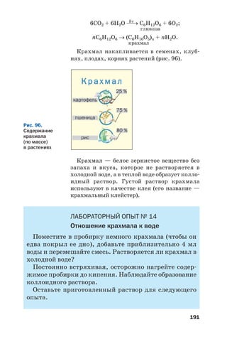 191
hν
6СО2 + 6Н2О ⎯→ С6Н12О6 + 6О2;
глюкоза
nC6H12O6 → (С6Н10О5)n + nH2O.
крахмал
Крахмал накапливается в семенах, клуб
нях, плодах, корнях растений (рис. 96).
25 %
75 %
картофель
пшеница
рис
80 %
К р а х м а л
Рис. 96.
Содержание
крахмала
(по массе)
в растениях
Крахмал — белое зернистое вещество без
запаха и вкуса, которое не растворяется в
холодной воде, а в теплой воде образует колло
идный раствор. Густой раствор крахмала
используют в качестве клея (его название —
крахмальный клейстер).
ЛАБОРАТОРНЫЙ ОПЫТ № 14
Отношение крахмала к воде
Поместите в пробирку немного крахмала (чтобы он
едва покрыл ее дно), добавьте приблизительно 4 мл
воды и перемешайте смесь. Растворяется ли крахмал в
холодной воде?
Постоянно встряхивая, осторожно нагрейте содер
жимое пробирки до кипения. Наблюдайте образование
коллоидного раствора.
Оставьте приготовленный раствор для следующего
опыта.
 