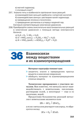 215
в) магний гидроксид;
г) этиловый спирт?
257. Укажите типы и особенности протекания таких реакций:
а) взаимодействие кальций карбоната с нитратной кислотой;
б) взаимодействие свинца с раствором калий гидроксида;
в) превращение этилена в полиэтилен;
г) превращение целлюлозы в углерод и водяной пар.
Составьте соответствующие химические уравнения.
258. Преобразуйте схемы окислительно восстановительных реакций
в химические уравнения с помощью метода электронного
баланса:
t
а) H2S + O2 → SO2 + H2O;
б) S + HNO3 (конц.) → H2SO4 + NO2↑ + H2O;
в) Al + HNO3 (разб.) → Al(NO3)3 + N2O↑ + H2O.
3636 Взаимосвязи
между веществами
и их взаимопревращения
Материал параграфа поможет вам:
закрепить знания о превращениях простых
веществ в химические соединения;
обобщить материал по взаимопревращениям
сложных веществ.
Химические превращения с участием ме
таллов. Вам известно, что металлы могут взаи
модействовать с неметаллами, кислотами,
растворами солей, а некоторые — еще и со
щелочами, водой.
Продуктами большинства реакций метал
лов с неметаллами являются соли
t
2Fe + 3Cl2 = 2FeCl3,
а если с металлом реагирует кислород, то обра
зуется оксид:
t
2Ca + O2 = 2CaO.
 