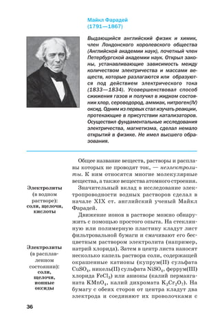 36
Общее название веществ, растворы и распла
вы которых не проводят ток, — неэлектроли
ты. К ним относятся многие молекулярные
вещества, а также вещества атомного строения.
Значительный вклад в исследование элек
тропроводности водных растворов сделал в
начале ХІХ ст. английский ученый Майкл
Фарадей.
Движение ионов в растворе можно обнару
жить с помощью простого опыта. На стеклян
ную или полимерную пластину кладут лист
фильтровальной бумаги и смачивают его бес
цветным раствором электролита (например,
натрий хлорида). Затем в центр листа наносят
несколько капель раствора соли, содержащей
окрашенные катионы (купрум(ІІ) сульфата
CuSO4, никель(ІІ) сульфата NiSO4, феррум(ІІІ)
хлорида FeCl3) или анионы (калий перманга
ната KMnO4, калий дихромата K2Cr2O7). На
бумагу с обеих сторон от центра кладут два
электрода и соединяют их проволочками с
Электролиты
(в водном
растворе):
соли, щелочи,
кислоты
Выдающийся английский физик и химик,
член Лондонского королевского общества
(Английской академии наук), почетный член
Петербургской академии наук. Открыл зако
ны, устанавливающие зависимость между
количеством электричества и массами ве
ществ, которые разлагаются или образуют
ся под действием электрического тока
(1833—1834). Усовершенствовал способ
сжижения газов и получил в жидком состоя
нии хлор, сероводород, аммиак, нитроген(IV)
оксид. Одним из первых стал изучать реакции,
протекающие в присутствии катализаторов.
Осуществил фундаментальные исследования
электричества, магнетизма, сделал немало
открытий в физике. Не имел высшего обра
зования.
Майкл Фарадей
(1791—1867)
Электролиты
(в расплав
ленном
состоянии):
соли,
щелочи,
ионные
оксиды
 