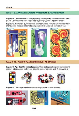 Додатки
Тема 7 -8 . АВАНГАРД: КУБІЗМ, ФУТУРИЗМ, КУБОФУТУРИЗМ
Варіант 1. Створи колаж на тему музики у стилі кубізму з різноманітних мате­
ріалів. Орієнтовні теми: «Гітари й бандури передзвін», «Граємо джаз».
Варіант 2. Намалюй футуристичну композицію на тему танцю як фрагмент
оголошення про дискотеку або запрошення на шкільний святковий бал.
Тема 9-10. ЛАБІРИНТАМИ ХУДОЖНЬОЇ АБСТРАКЦІЇ
Варіант 1. Професійні випробування. Уяви себе дизайнером і запропонуй
варіант оформлення побутових речей із застосуванням ідей П. Мондріана.
Варіант2. Створи рельєфну композицію у стилі конструктивізму.
209
 