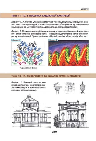 Додатки
Тема 1 1 -1 2 . У ПОШУКАХ ХУДОЖНЬОЇ ЕКСПРЕСІЇ
Варіант 1. А. Матісс уперше застосував техніку дєкупажу, вирізуючи з ко­
льорового паперу фігури, з яких складав панно. Створи власну декоративну
композицію за мотивами квітки, дерева тощо (кольоровий папір).
Варіант2. Поекспериментуй із локальними кольорами й намалюй живопис­
ний етюд у манері експресіоністів. Передай за допомогою колірного конт­
расту власні емоції. Орієнтовні теми: «Відчай і надія», «Дикі танці», «Ритм».
і % щ т
Анрі Матісс. Вінок
Тема 13-14. ПОВЕРНЕННЯ ДО ІДЕАЛІВ КРАСИ МИНУЛОГО
Варіант 1. Виконай замальовки
сучасних театрів, кінотеатрів, па­
лаців мистецтв, в архітектурі яких
є ознаки неокласицизму.
210
 