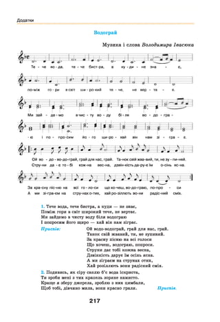 Додатки
Водограй
М у з и к а і с л о в а Володим ира Івасю ка
Ф з ї Щ Ш щ
Те - че во - д а , т е - че б и с т -р а , а ку - д и - не з н а
і= 5 = 5 = = § : -&— &
-&-• ~ ~о
п о -м іж го - ри в світ ш и - р о -ки й т е - че, н е вер - т а є.
^ г 1 Р У £ ^ V 1 /
М и з а й - д е - м о в чи с - т у во - д у бі - ля во - д о - гр а -
| ь 8 Щ Щ |^: І |^ : Щ І
В ' 8
- ю і по - п р о -с и м йо - го щ и -р о - хай він н ам зі - гр а - є.
ф 9 ІІ: р р р р [? і* І ^ ^ І «М І ^hJ і*=}
О й во - д о - в о -д о -гр а й , гр а й д ля н ас, гр а й . Т а -н о к с в ій ж в а -в и й ,т и , н е з у - п и - н я й .
С т р у -н и д а - є т о - бі к о ж -н а в е с -н а , д зв ін -кіс т ь д а -р у -є їм о -с ін ь я с -н а .*12
и з ^ щ ^ ^ І
З а к р а -с н у п іс -н ю н а всі г о - л о - с и щ о х о -ч е ш , в о -д о -гр а ю , п о -п р о - си
А м и з і-г р а -є м н а с т р у -н а х о -т и х , ха й р о -зіл л ю ть в о -н и р а д іс -н и й см іх.
1. Тече вода, тече бистра, а куди — не знає,
Поміж гори в світ широкий тече, не вертає.
Ми зайдемо в чисту воду біля водограю
І попросим його щиро — хай він нам зіграє.
Приспів: Ой водо-водограй, грай для нас, грай.
Танок свій жвавий, ти, не зупиняй.
За красну пісню на всі голоси
Що хочеш, водограю, попроси.
Струни дає тобі кожна весна,
Дзвінкість дарує їм осінь ясна.
А ми зіграєм на струнах отих,
Хай розіллють вони радісний сміх.
2. Подивись, як сіру скелю б’є вода іскриста,
Ти зроби мені з тих крапель зоряне намисто.
Краще я зберу джерела, зроблю з них цимбали,
Щоб тобі, дівчино мила, вони красно грали. Приспів.
217
 