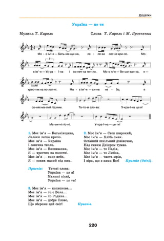 Додатки
М у з и к а Т. К ароль
Україна — це ти
С л о в а Т. К ароль і М . Бровченка
- Р Л . д . - Г Р =------ в - І------------------ к------- г
1 ** 4 N 9 — іТ' Ч _ І І> Є / Є Г Ї б
9 1 9 1 1 1
^ Ц г * ----------------- ч__ 7 —-------------------~----------1- ^ 9
М о - є ім ’-я — Б а т ь -к ів -щ и -н а , л е - л е -к и л е г -к е к р и -л о . М о -
II - ї г=— 3 = =- , К----
7 N гп • І ф '
•-- Ё._ё.__* *---- • ша ^ ——
є і м ’-я — У к -р а - ї-н а і с о -н е ч -к а т е п -л о . М о - є ім ’я — В и -ш и -в а н -к а , я —
Л ^ і> 7 7- і Л і
х р е с -т и к н а п о -л о т -н і. М о - є ім ’- я — с и -н є н е - бо ,
^ Л і Л і * Г Г ^
с о -н я х м а -л и й під н и м . Т а -т о -в і с л о -в а: У -к р а -ї-н а ц е я!
4
М а -м и -н і п іс-н і, У -к р а -ї-н а — ц е ти!
1. Моє ім’я — Батьківщина,
Лелеки легке крило.
Моє ім’я — Україна
І сонечка тепло.
Моє ім’я — Вишиванка,
Я — хрестик на полотні.
Моє ім’я — синє небо,
Я — сонях малий під ним.
2. Моє ім’я — Степ широкий,
Моє ім’я — Хліба смак.
Останній шкільний дзвіночок,
Над сивим Дніпром туман.
Моє ім’я — то Надія,
Моє ім’я — то Любов,
Моє ім’я — чиста мрія,
І віра, що з нами Бог! Приспів (д в іч і).
Приспів: Татові слова:
Україна — це я!
Мамині пісні,
Україна — це ти!
3. Моє ім’я — колискова...
Моє ім’я — то є Воля...
Моє ім’я — то Родина...
Моє ім’я — добре Слово,
Що збереже цей світ! Приспів.
220
 