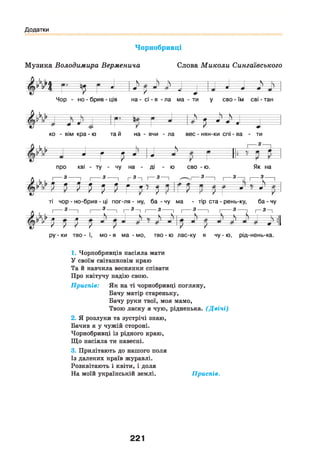 Додатки
Чорнобривці
Музика Володимира Верменича Слова Миколи Сингаївського123
>4 к к— ^----- ^—7 і л
ІСП9 Р А ---------щ— Л ф ___ Ш----- а------т
--------------- -------7---------------- ----- .
Чор - но - брив - ців на - сі - я - ла ма - ти у сво - їм сві - тан
х м <----------- ч _ Ч-4=
----ф 1й
= м
------ Ф • -Ф
ко - вім кра - ю та й на - вчи - ла вес - нян-ки спі - ва - ти
-^кЬ----- ------- 1------------ :— ч , і^ ^ _---ф---
і г Р •
ф 1
про кві - ту - чу на - ді - ю сво - ю. Як на
З---- 1 !----3-----! г 3—, І---3--- 1 ---з----! !---3---, ,---З
У г Ь . к ш---------- - -----------,т---------і -------------------------і ----------- :------------------------------------------- :— . --- ------------ :--------------:----------------------------------------------------- Ч -----------
к ' 1 У  "Г  " Г я - г я
г л  Р У ) У ) л ) щ 1 ■г п )
1
1
1
г
г У V У  7 = --------У-----------
7 =
ті чор - но-брив - ці пог-ля - ну, ба - чу ма - тір ста - рень-ку, ба - чу
і--^— і і------^--1 і—^—і і------^---- 1 і----^-----1 і---- ^----1 і—^—і
У і к — : ------------------------- г ----------------------------- Ч --------------------- ч ------------------ к — Ч - Г Ч -------------------------- К — ц -----------
1 1
К —
“ 1
к - І Г 9 9 ) л • 1
*
' • 1
7 ~ 7— 7— 7 7 = У 7 ' "
ру - ки тво - ї, мо - я ма - мо, тво - ю лас-ку я чу - ю, рід-нень-ка.
1. Чорнобривців насіяла мати
У своїм світанковім краю
Та й навчила веснянки співати
Про квітучу надію свою.
Приспів: Як на ті чорнобривці погляну,
Бачу матір стареньку,
Бачу руки твої, моя мамо,
Твою ласку я чую, рідненька. (Д в іч і)
2. Я розлуки та зустрічі знаю,
Бачив я у чужій стороні.
Чорнобривці із рідного краю,
Що насіяла ти навесні.
3. Прилітають до нашого поля
Із далеких країв журавлі.
Розквітають і квіти, і доля
На моїй українській землі. Приспів.
221
 