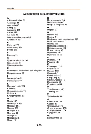 Додатки
Алфавітний покажчик термінів
А
Абстракціонізм 71
Авангард 11
Алегорія 37
Ампір 95
Анімація 159
Аніме 147
Ар нуво 25
Арт-деко або ар деко 95
Асамбляж 107
Б
Білборд 179
Блокбастер 123
Бренд 179
Г
Гротеск 11
д
Дадаізм або дада 107
Дивізіонізм 51
Додекафонія 83
Е
Еклектика, еклектизм або історизм 95
Експресіонізм 83
І
Імпресіонізм 51
Інсталяція 107
К
Кінематограф 123
Колаж 61
Конструктивізм 71
Кубізм 61
Кубофутуризм 61
М
Медіа 167
Мейнстрим 133
Меценат 191
Мечеть 203
Мінарет 203
Містика 37
Модерн 11
Модернізм 11
Мурал 191
Н
Неокласицизм 95
Неопластицизм 71
Неофольклоризм 95
О
Орфізм 71
П
Пагода 203
Пленер 51
Полікультурне суспільство 203
Полістилістика 11
Постер 133
Постімпресіонізм 51
Постмодернізм 107
Примітивізм 95
Продюсер 147
Пуантилізм 51
Р
Реклама 179
Римейк 133
С
Саундтрек 123
Сецесіон 25
Сиквел 133
Символ 37
Символізм 37
Симулякр 107
Симультанний 71
Синестезія 37
Сюрреалізм 83
Т
Телебачення 167
Трейлер 133
У
Урбанізація 11
Ф
Факсиміле 191
Фовізм 83
Фотографія 179
Фотомистецтво 179
Фоторепортаж 179
Футуризм 61
Ю
Югендстиль 25
223
 