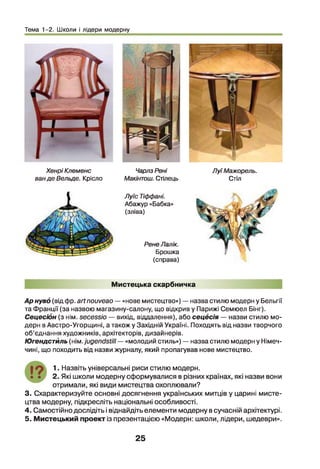 Тема 1-2. Школи і лідери модерну
Хенрі Клеменс
ванде Вельде. Крісло
Чарлз Рені
Макінтош. Стілець
ЛуїМажорель.
Стіл
Луїс Тіффані.
Абажур «Бабка»
(зліва)
РенеЛалік.
Брошка
(справа)
Мистецька скарбничка
Арнуво (від фр. аііпо^еао —«нове мистецтво») — назва стилю модерн у Бельгії
та Франції (за назвою магазину-салону, що відкрив у Парижі Семюел Бінг).
Сецесіон (з нім. зєсєзбіо — вихід, віддалення), або сецесія — назви стилю мо­
дерн в Австро-Угорщині, а також у Західній Україні. Походять від назви творчого
об’єднання художників, архітекторів, дизайнерів.
Югендстйль (нім.іидепсІзНІІ— «молодий стиль») — назва стилю модерн у Німеч­
чині, що походить від назви журналу, який пропагував нове мистецтво.
| 9 1. Назвіть універсальні риси стилю модерн.
• • 2. Які школи модерну сформувалися в різних країнах, які назви вони
отримали, які види мистецтва охоплювали?
3. Схарактеризуйте основні досягнення українських митців у царині мисте­
цтва модерну, підкресліть національні особливості.
4. Самостійно дослідіть і віднайдіть елементи модерну в сучасній архітектурі.
5. Мистецький проект із презентацією «Модерн: школи, лідери, шедеври».
25
 