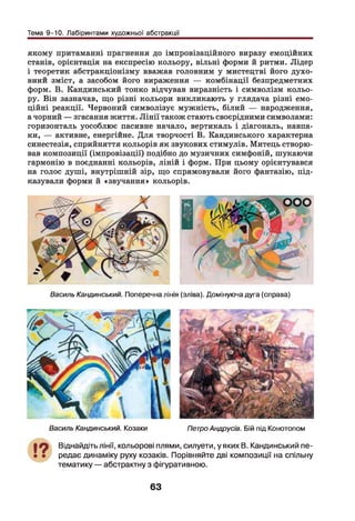 Тема 9-10. Лабіринтами художньої абстракції
якому притаманні прагнення до імпровізаційного виразу емоційних
станів, орієнтація на експресію кольору, вільні форми й ритми. Лідер
і теоретик абстракціонізму вважав головним у мистецтві його духо­
вний зміст, а засобом його вираження — комбінації безпредметних
форм. В. Кандинський тонко відчував виразність і символізм кольо­
ру. Він зазначав, що різні кольори викликають у глядача різні емо­
ційні реакції. Червоний символізує мужність, білий — народження,
а чорний — згасання життя. Л ін ії також стають своєрідними символами:
горизонталь уособлює пасивне начало, вертикаль і діагональ, навпа­
ки, — активне, енергійне. Для творчості В. Кандинського характерна
синестезія, сприйняття кольорів як звукових стимулів. Митець створю­
вав композиції (імпровізації) подібно до музичних симфоній, шукаючи
гармонію в поєднанні кольорів, ліній і форм. При цьому орієнтувався
на голос душі, внутрішній зір, що спрямовували його фантазію, під­
казували форми й «звучання» кольорів.
Василь Кандинський. Поперечна лінія (зліва). Домінуюча дуга (справа)
Василь Кандинський. Козаки ПетроАндрусів. Бій під Конотопом
Віднайдіть лінії, кольорові плями, силуети, у яких В. Кандинський пе­
редає динаміку руху козаків. Порівняйте дві композиції на спільну
тематику — абстрактну з фігуративною.
63
 