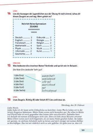 LESEN
14 Lies die Aussagen der Jugendlichen aus der Übung 10 noch einmal, schau dir
dieses Zeugnis an und sag: Wem gehört es?
Heinrich-Heine-Gymnasium
ZEUGNIS
xxxxxxxxxxxx
xxxxxx
Deutsch................ 2 Erdkunde........ 2
Englisch................ 2 Biologie........... 3
Französisch.... ... 2 Religion........... 2
Mathematik....... 4 Sport................. 2
Physik................ ... 3 Musik................ 2
Informatik.......... 2 Kunst............ .... 1
Geschichte..... ... 2
SPRECHEN
15 Was bedeuten die einzelnen Noten? Verbinde und sprich wie im Beispiel.
Die Note Eins bedeutet “sehr gut”.
1 (die Eins)  Mangelhaft
2 (die Zwei) ungenügend
3 (die Drei) sehr gut
4 (die Vier) ausreichend
5 (die Fünf) gut
6 (die Sechs) befriedigend
LESEN
16 Lisas Zeugnis. Richtig (R) oder falsch (F)? Lies und kreuz an.
Nürnberg, den 20. Februar
Liebe Nicole,
leider habe ich dir heute nichts Erfreuliches zu berichten. Letzte Woche haben wir in der
Schule Zeugnisse bekommen. Meine Noten waren nicht besonders gut. Vor allem in Mathe
und Physik habe ich mich gegenüber dem letzten Jahr verschlechtert. Zufrieden kann
ich deshalb mit meinem Schulzeugnis nicht sein, denn ich habe etwas Besseres erwartet.
Meine Eltern waren auch nicht begeistert, als sie meine Noten gesehen haben. Sie haben
mir geraten, im nächsten Schuljahr mehr zu lernen und mich weniger mit meinen Hobbys
zu beschäftigen. Das hat mir natürlich nicht so sehr gefallen. Ich gebe zwar zu, dass ich
109
 