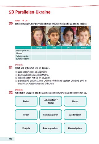 5D Parallelen-Ukraine
HÖREN ® 26
30 Schulleistungen. Hör Daryna und ihren Freunden zu und ergänze die Tabelle.
Lieblingsfach?
Noten?
Schulzeugnis -
(un)zufrieden?
SPRECHEN
31 Fragt und antwortet wie im Beispiel.
E Was ist Darynas Lieblingsfach?
E Darynas Lieblingsfach ist Mathe.
E Welche Noten hat sie im Zeugnis?
E Sie hat eine Eins in Mathe, Chemie, Fhysik und Deutsch und eine Zwei in
Ukrainisch, Geschichte und Erdkunde.
SPRECHEN
32 Arbeitet in Gruppen. Stellt Fragen zu den Stichwörtern und beantwortet sie.
/ -------------------------> r -------------------------> f ------------------------->
Fächer
Lieblingsfach /
Noten
-fächer
^ > ________________________J l >
/ ------------------------- > <-------------------------> f ------------------------->
lernen kommunizieren wiederholen
k / l ________________________ J l ________________________ -
f — — 
Zeugnis
V____ — J
Fremdsprachen Hausaufgaben
116
 