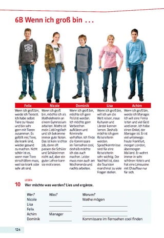 6B Wenn ich groß bin
Wenn ich groß bin,
werde ichTierarzt
Ich habe selbst
Tiere zu Hause
und bin sehr
gern mitTieren
zusammen. Es
gefällt mir,Tiere,
die krank sind,
wieder gesund
zu machen. Nicht
schön ist es,
wenn manTiere
einschläfem muss,
weil sie krank oder
sehr alt sind.
Wenn ich groß
bin, möchte ich als
Mathelehrerin an
einem Gymnasium
arbeiten. Mathe ist
mein Lieblingsfach
und ich bekomme
immer gute Noten.
Das ist kein leichter
Job, denn oft
passen die Schüler
und Schülerinnen
nicht auf, aber ein
guter Lehrer kann
sie motivieren.
Wenn ich groß bin,
möchte ich gern
Polizist werden.
Ich möchte gern
Verbrechen
aufklären und
Kriminelle
verhaften. Ich finde
die Kommissare
im Fernsehen cool,
deshalb möchte
ich das auch
machen. Leider
muss man auch am
Wochenende und
nachts arbeiten.
Wenn ich groß bin,
will ich umdie
Welt reisen, neue
Kulturen und
Länder kennen
lernen. Deshalb
möchte ich gern
Reiseleiterin
werden.
Sprachkenntnisse
sind für eine
Reiseleiterin
sehr wichtig. Der
Nachteil ist, dass
dieTouristen
manchmal zu viele
Fragen stellen.
Wenn ich groß bin,
werde ich Manager.
Ichwill eine Firma
leiten und viel Geld
verdienen. Ich habe
einen Onkel, der
Manager ist Erist
viel unterwegs:
heute Frankfurt,
morgen London,
übermorgen
Mailand. Erwohnt
immer in sehr
schönen Hotels und
hat eine Limousine
mit Chauffeurnur
für sich.
LESEN
1 0 Wer möchte was werden? Lies und ergänze.
Wer? Was? Warum?
Nicole ________________ Mathe mögen
Lisa ________________ _________________________________
Felix ________________ _________________________________
Achim Manager _________________________________
Dominik Kommissare im Fernsehen cool finden
124
 