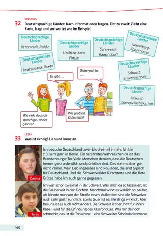 32 Deutschsprachige Länder: Nach Informationen fragen. Übt zu zweit: Zieht eine
Karte, fragt und antwortet wie im Beispiel.
SPRECHEN
Deutschsprachige
Länder
Schweiz-,
SehensWürdigkeiten
Wie viele deutsch­
sprachige Länder
gibt es?
LESEN
33 Was ist richtig? Lies und kreuz an.
Ich besuche Deutschland zwei- bis dreimal im jahr. Ich bin
z.B. sehr gern in Berlin. Ein berühmtes Wahrzeichen da ist das
Brandenburger Tor. Viele Menschen denken, dass die Deutschen
immer ganz ordentlich und pünktlich sind. Das stimmt aber gar
nicht immer. Mein Lieblingsessen sind Rouladen, die sind typisch
für Deutschland. Und die Schwarzwälder Kirschtorte und die Rote
Grütze habe ich auch gerne gegessen.
Ich war schon zweimal in der Schweiz. Was mich da so fasziniert, ist
die Sauberkeit in den Dörfern. Manchmal wirkt es wirklich so sauber,
als könnte man von der Straße essen. Außerdem sind die Schweizer
auch sehr gastfreundlich. Etwas teuer ist es allerdings wirklich. Aber
bei uns ist es auch nicht anders. Die Schweiz ist berühmt für ihren
Käse - und für die Erfindung des Käsefondues. Was mir da noch
schmeckt, das ist die Toblerone - eine Schweizer Schokoladenmarke.
160
 