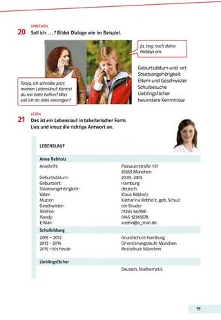 SPRECHEN
2 0 Soll ich ... ? Bildet Dialoge wie im Beispiel.
• , ;
Tanja, ich schreibejetzt
meinen Lebenslauf. Kannst
du mir bitte helfen? Was
soll ich da alles eintragen?
Ja, trag noch deine
Hobbys ein.
Geburtsdatum und -ort
Staatsangehörigkeit
Eltern und Geschwister
Schulbesuche
Lieblingsfächer
besondere Kenntnisse
21
LESEN
Das ist ein Lebenslauf in tabellarischer Form.
Lies und kreuz die richtige Antwort an.
LEBENSLAUF
Anna Rebholz
Anschrift: Passauerstraße 137
81369 München
Geburtsdatum: 20.05.2003
Geburtsort: Hamburg
Staatsangehörigkeit: deutsch
Vater Klaus Rebholz
Mutter: Katharina Rebholz, geb. Schulz
Geschwister: ein Bruder
Telefon: 01234 567890
Handy: 014512345678
E-Mail: a.reho@e_mail.de
Schulbildung
2009 - 2012 Grundschule Hamburg
2013 - 2014 Orientierungsstufe München
2015 - bis heute Realschule München
Lieblingsfächer
Deutsch, Mathematik
19
 