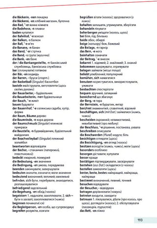 die Bäckerin, -nen пекарка
die Bäckerei, -en хлібний магазин, булочна
das Bad, '-er ванна кімната
die Badehose, -n плавки
baden купатися
der Bahnhof, "-eвокзал
der Balkon, -s балкон
der Ball, -e м'яч
die Banane, -n банан
das Band, "-erстрічка
die Band, -s група (музична)
die Bank,-en банк
der /die Bankangestellte, -n банківський
службовець, банківська службовка
bar (сплачувати) готівкою
der Bär, -en ведмідь
der Barren, - бруси [спорт.)
der Basketball (Singular) баскетбол
basteln майструвати, виготовляти [щось
своїми руками)
der Bauarbeiter, - будівельник
die Bauarbeiterin, -nen будівельниця
der Bauch, "-eживіт
bauen будувати
der Bauernhof, "-eселянська садиба, хутір,
ферма
der Baum, Bäume дерево
die Baumrinde, -n кора дерева
der Baumschmuck (Singular) ялинкові
прикраси
die Baustelle, -n будмайданчик, будівельний
майданчик
der Beachvolleyball (Singular) пляжний
волейбол
beantworten відповідати
der Becher, - стаканчик (паперовий,
пластиковий)
bedeckt хмарний, похмурий
die Bedeutung, -en значення
die Bedingung, -en умова, передумова
beenden закінчувати; завершувати
bedeuten значити, означати; мати значення
bedeutend визначний; великий; важливий
befinden, sich бути, перебувати, знаходитися,
розташовуватися
befriedigend задовільний
die Begehung, -en обхід (чогось)
begeistern 1. надихати; захоплювати; 2. sich ~
бути взахваті; захоплюватися (чимсь)
beginnen починати(-ся)
die Begleitperson, -en особа, що супроводжує
begreifen розуміти, осягати
begrüßen вітати (когось); здороватися (з
кимсь)
behalten залишати, утримувати, зберігати
behandeln лікувати
beherbergen уміщати (когось, щось)
bei біля, під, близько
beide обоє, обидві
beige (кольору) беж, бежевий
die Beilage, -п гарнір
das Bein, -e нога
beinhalten означати
der Beitrag, "-e внесок
bekannt 1. відомий; 2. знайомий; 3. знаний
bekommen одержувати, отримувати
belegen займати (місце тощо)
beliebt улюблений; популярний
bemühen, sich намагатися
benutzen користуватися, використовувати,
уживати
beobachten спостерігати
bequem зручний, затишний
bereichernd щозбагачує
der Berg, -е гора
der Bernstein, -е бурштин, янтар
berühmt знаменитий, славетний, відомий
beschäftigen, sich (mitDat.) займатися (кимсь,
чимсь)
bescheiden скромний; невимогливий,
невибагливий (пролюдину)
der Beschluss, -є рішення, постанова, ухвала
beschreiben описувати
die Beschwerden (Plural) недуга; біль
besichtigen оглядати (щось)
die Besichtigung, -en огляд (чогось)
besitzen володіти (кимсь, чимсь), мати (щось)
besonders особливо
besorgen діставати; купувати
besser краще
bestätigen підтверджувати, засвідчувати
bestehen (aus Dat.) складатися (зчогось)
bestellen замовляти (щось)
bester, beste, bestes найкращий, найкраща,
найкраще
bestimmt визначений, певний, точний
besuchen відвідувати
der Besucher,- відвідувач
betragen дорівнювати (чомусь)
betreten входити, заходити
betreuen 1. піклуватися,дбати (про когось, про
щось), доглядати (когось); 2. обслуговувати
(пасажирів, туристів)
das Bett, -en ліжко
193
 