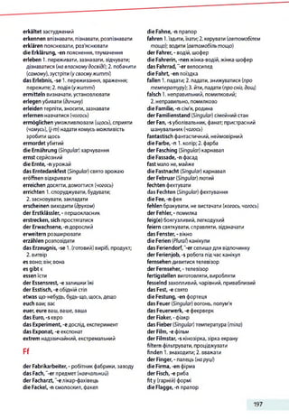 erkältet застуджений
erkennen впізнавати, пізнавати, розпізнавати
erklären пояснювати, роз'яснювати
die Erklärung, -еп пояснення,тлумачення
erleben 1.переживати, зазнавати, відчувати;
дізнаватися (на власномудосвіді); 2. побачити
(самому), зустріти (усвоємужитті)
das Erlebnis, -se 1. переживання, враження;
пережите; 2. подія (ужитті)
ermitteln визначати,установлювати
erlegen убивати (дичину)
erleiden терпіти,зносити, зазнавати
erlernen навчатися (чогось)
ermöglichen уможливлювати (щось), сприяти
(чомусь), (j-m) надати комусь можливість
зробити щось
ermordet убитий
die Ernährung (Singular) харчування
ernst серйозний
die Ernte, -n урожай
das Erntedankfest (Singular) свято врожаю
eröffnen відкривати
erreichen досягти,домогтися (чогось)
errichten 1.споруджувати, будувати;
2. засновувати, закладати
erscheinen виходити (друком)
der Erstklässler, - першокласник
erstrecken, sich простягатися
der Erwachsene, -n дорослий
erweitern розширювати
erzählen розповідати
das Erzeugnis, -se 1.(готовий) виріб, продукт;
2. витвір
es воно; він; вона
es gibt є
essenїсти
der Essensrest, -e залишкиїжі
der Esstisch, -e обідній стіл
etwas що-небудь, будь-що, щось,дещо
euch вам; вас
euer, eure ваш, ваше, ваша
das Euro, -s євро
das Experiment, -e дослід, експеримент
das Exponat, -e експонат
extrem надзвичайний, екстремальний
Ff
der Fabrikarbeiter, - робітник фабрики, заводу
das Fach,“-er предмет(навчальний)
der Facharzt, "-eлікар-фахівець
die Fackel, -n смолоскип, факел
die Fahne, -n прапор
fahren 1.їздити,їхати; 2. керувати (автомобілем
тощо); водити (автомобільтощо)
der Fahrer, - водій, шофер
die Fahrerin, -nen жінка-водій, жінка-шофер
das Fahrrad,"-er велосипед
die Fahrt, -en поїздка
fallen 1. падати; 2. падати, знижуватися (про
температуру); 3. йти, падати (про сніг, дощ)
falsch 1. неправильний, помилковий;
2. неправильно, помилково
die Familie, -п сім'я, родина
der Familienstand (Singular) сімейний стан
der Fan, -s уболівальник, фанат; пристрасний
шанувальник(чогось)
fantastisch фантастичний, неймовірний
die Farbe, -n 1. колір; 2. фарба
der Fasching (Singular) карнавал
die Fassade, -n фасад
fast мало не,майже
die Fastnacht (Singular) карнавал
der Februar (Singular) лютий
fechten фехтувати
das Fechten (Singular) фехтування
die Fee, -n фея
fehlen бракувати, не вистачати (когось, чогось)
der Fehler, - помилка
feig(e) боягузливий,легкодухий
feiern святкувати,справляти, відзначати
das Fenster,-вікно
die Ferien (Plural) канікули
das Feriendorf,"-er селищедля відпочинку
der Ferienjob, -s робота під час канікул
fernsehen дивитися телевізор
der Fernseher, -телевізор
fertigstellen виготовляти, виробляти
fesselnd захопливий, чарівний, привабливий
das Fest, -е свято
die Festung, -еп фортеця
das Feuer (Singular) вогонь, полум'я
das Feuerwerk, -e феєрверк
der Fiaker, - фіакр
das Fieber (Singular) температура (тіла)
der Film, -e фільм
der Filmstar, -s кінозірка, зірка екрану
filtern фільтрувати, проціджувати
finden 1.знаходити; 2. вважати
der Finger, - палець (наруці)
die Firma, -еп фірма
der Fisch, -e риба
fit у (гарній) формі
die Flagge, -n прапор
197
 