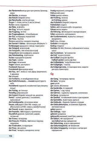 die Flaniermeile місцедля прогулянок, бульвар,
сквер
die Flasche, -п пляшка
das Fleisch (Singular) м'ясо
die Fleischsoße, -n м'ясний соус
fliegen 1.літати, летіти;2. вести (літак)
fließen текти; струменіти
die Flöte,-п флейта
der Flug, -e політ, переліт
das Flugzeug, -eлітак
der Flugzeugbauer, -літакобудівник
der Flur, -e коридор; передпокій
der Fluss,"-e річка
flüstern шепотіти, говорити пошепки
der Formel-1-Fahrer, - автогонщик «Формули-1»
fortbewegen зрушувати з місця; пересувати
der Fotograf, -е фотограф
die Fotografin, -пеп жінка-фотограф
fotografieren фотографувати, знімати
das Fotoshooting, -s фотосесія
foulen порушувати правила
das Foyer, -s фойє
die Frage, -n питання
fragen питати, запитувати
Frankreich Франція
Französisch французька мова
die Frau, -en 1.жінка; 2. пані, фрау (звертання);
3.дружина
frei вільний
die Freifläche, -п незабудоване місце
das Freilichtmuseum, ...museen музей просто
неба
freistehend порожній, незайнятий (прокімнату
тощо)
der Freitag, -е п'ятниця
freiwillig добровільний
die Freizeit (Singular) вільний час,дозвілля
fremd 1.чужий;далекий;2. іноземний,
чужоземний
die Fremdsprache, -п іноземна мова
freuen, sich радіти (überAkk. чомусь, що
здійснилося, aufAkk. чомусьу майбутньому)
der Freund, -е друг, приятель
die Freundin, -пеп подруга, приятелька
freundlich дружній, привітний, щирий,
гостинний
der Friseur, -е перукар
die Friseurin / Frisörin, -пеп жінка-перукар;
перукарка
der Frisiersalon, -s перукарня
die Frisur, -en зачіска
der Frost, -e мороз, холоднеча, холод
frostig морозний,холодний
früh ранній; рано
früher раніше; колись
der Frühling, -е весна
im Frühling навесні
das Frühstück (Singular) сніданок
frühstücken снідати
fühlen, sich почувати себе, почуватися
führen вести, водити
die Führung, -en екскурсія з екскурсоводом
füllen наповняти,заповнювати
der Fundamentsrest, -е рештки, залишки
фундаменту
fünfп'ять, п'ятеро
fünfzehn п'ятнадцять
fünfzig п'ятдесят
fürchten (fürAkk.) боятися, побоюватися (когось,
щось)
das Fürstentum, "-er князівство
der Fuß, -є нога (стопа)
der Fußball (Singular) футбол
Fußball spielen грати у футбол
der Fußballplatz, "-e футбольне поле
der Fußgänger, - пішохід
die Fußgängerzone, -n пішохідна зона, закрита
для рухутранспорту
Gg
der Gang,"-е коридор, прохід
die Gans,"-е гуска
ganz цілий
gar зовсім, абсолютно
die Garderobe, -п гардероб
der Garten, сад- город
der Gärtner, -садівник; городник; озеленювач
die Gasse, -п провулок
derGasthof,"-e невеликий готель із рестораном
die Gaststätte, -п ресторан,їдальня
das Gebäude, - будинок, будівля, споруда
derGebäudekomplex, -е комплекс будинків,
житловий масив
geben давати
das Gebirge, - гори
geboren уроджена
gebraucht уживаний, який буву вжитку
die Geburt, -en народження
von Geburt an від народження
der Geburtstag, -e день народження
das Geburtstagskind, -er іменинник
die Geburtstagsparty, -s вечірка з нагодидня
народження
198
 