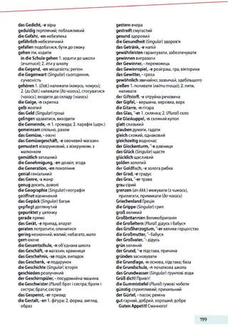das Gedicht, -e вірш
geduldig терплячий; поблажливий
die Gefahr, -en небезпека
gefährlich небезпечний
gefallen подобатися, бути до смаку
gehen іти,ходити
in die Schule gehen 1.ходити до школи
(вчитися); 2. йти у школу
die Gegend, -en місцевість; регіон
die Gegenwart (Singular) сьогодення,
сучасність
gehören 1. (Dat.) належати (комусь, чомусь);
2. (zuDat.) належати (до чогось),стосуватися
(чогось); входити до складу (чогось)
die Geige, -п скрипка
gelb жовтий
das Geld (Singular) гроші
gelingen вдаватися, виходити
die Gemeinde, -n 1. громада; 2. парафія (церк.)
gemeinsam спільно, разом
das Gemüse, - овочі
das Gemüsegeschäft, -e овочевий магазин
gemustert візерунковий,з візерунком, з
малюнком
gemütlich затишний
die Genehmigung, -en дозвіл; згода
die Generation, -en покоління
genial геніальний
das Genre,-s жанр
genug досить,доволі
die Geographie (Singular) географія
geöffnet відчинений
das Gepäck (Singular) багаж
gepflegt доглянутий
gepunktetу цяточку
gerade прямо
das Gerät, -e прилад,апарат
geraten потрапити, опинитися
gering незначний,малий; небагато, мало
gern охоче
die Gesamtschule, -п об'єднана школа
das Geschäft, -е магазин, крамниця
das Geschehnis, -se подія, випадок
das Geschenk, -е подарунок
die Geschichte (Singular) історія
geschieden розлучений
der Geschirrspüler, - посудомийна машина
die Geschwister (Plural) брат ісестра; брати і
сестри; брати; сестри
das Gespenst, -er привид
die Gestalt, -en 1.фігура; 2. форма, вигляд,
образ
gestern вчора
gestreift смугастий
gesund здоровий
die Gesundheit (Singular) здоров'я
das Getränk, -e напій
gewährleisten гарантувати,забезпечувати
gewinnen вигравати
der Gewinner, - переможець
das Gewinnspiel, -e розіграш, гра, вікторина
das Gewitter, - гроза
gewöhnlich звичайно; зазвичай, здебільшого
gießen 1. поливати (квітитощо); 2.лити,
наливати
der Giftstoff, -е отруйна речовина
der Gipfel, - вершина, верхівка, верх
die Gitarre, -п гітара
das Glas, -er 1.склянка;2. (Plural) скло
die Glaskuppel, -n скляний купол
glatt слизький
glauben думати, гадати
gleich схожий, однаковий
gleichzeitig водночас
der Glockenturm, "-eдзвіниця
das Glück (Singular) щастя
glücklich щасливий
golden золотий
der Goldfisch, -e золота рибка
der Grad, -e градус
das Gras, '-er трава
grau сірий
grenzen (anAkk.) межувати (зчимось),
прилягати, примикати (до чогось)
Griechenland Греція
die Grippe (Singular) грип
groß великий
Großbritannien Великобританія
die Großeltern (Plural) дідусь і бабуся
das Großherzogtum, "-er велике герцогство
die Großmutter,"-бабуся
der Großvater,"-дідусь
grün зелений
der Grund, -є підстава, причина
gründen засновувати
die Grundlage, -n основа, підстава; база
die Grundschule, -n початкова школа
das Grundwasser (Singular) ґрунтові води
Grüß dich! Привіт!
die Gummistiefel (Plural) гумові чоботи
günstig сприятливий; прихильний
der Gürtel, - пасок; ремінь
gut гарний,добрий, хороший;добре
Guten Appetit! Смачного!
199
 