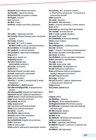 die Kunst образотворче мистецтво
der Künstler, - художник; митець
die Kunstschule, -n художнє училище
die Kuppel, -n купол
kurz короткий
der Kurs, -e курс
die Küste, -n морський берег,узбережжя
LI
der Laden,"- крамниця, магазин
das Lametta (Singular) мішура,розм. ялинковий
«дощик»
die Lampe, -n лампа
das Land,“-er 1.село; 2. країна
aufdem Lande на селі, у сільській місцевості
die Landkarte, -п географічна карта
der Landwirt, -e селянин; фермер
die Landwirtin, -nen селянка; фермерка
lang довгий
lange довго, довгий час
langweilig нудний
der Lärm (Singular) шум
Lärm machen галасувати
die Laube, -n альтанка
laufen бігати
die Laune (Singular) настрій; гумор
launisch примхливий, норовливий
laut голосний; голосно
leben жити, існувати
lebendig 1.1.живий; 2.пожвавлений; II.жваво,
пожвавлено
der Lebenslauf, ...läufe біографія
das Lebensmittelgeschäft, -e продовольчий
магазин
die Lebensqualität (Singular) життєвий рівень
lebenswert вартий, гіднийдля проживання
lebhaftжвавий,живий,моторний, рухливий
leckerласий,смачний,апетитний
die Leckerei,-епласощі
ledig неодружений
leer порожній; незайнятий, вільний
lehrenучити, навчати; викладати
der Lehrer,-учитель
die Lehrerin, -nen учителька
lehrreich повчальний, напутливий
leichtлегкий, неважкий
die Leichtathletik (Singular) легка атлетика
leiden страждати
leider нажаль; шкода
leisten робити,здійснювати, виконувати, чинити
die Leistung, -en 1. результат(спорт.)-,
2. (Plural) успіхи,досягнення; 3.успішність (у
навчальномузакладі)
leiten керувати
der Leiter, - керівник
die Leiterin,-nen керівниця
lernen 1.учитися, навчатися; 2.учити, вивчати
lesen читати
lesenswert щозаслуговує бути прочитаним
der Lesesaal,“-є читальний зал
letztостанній, крайній, кінцевий
die Leute (Plural) люди
die Lichterkette,-n ялинкова гірлянда
lieben кохати;любити
lieber краще
das Lieblingsessen, -улюблена страва
das Lied,-er пісня
liegen 1.лежати; 2.міститися, розташовуватися
lila ліловий,бузковий,світло-фіолетовий
das Lineal, -е лінійка
die Litfaßsäule, -п стовп для афіш іоголошень
locken заманювати, приваблювати
die Loge, -п ложа
das Lokal,-e ресторан, кафе
das Lorbeerblatt,“-erлавровийлист
los sein відбуватися,траплятися
lösen розв'язувати (задачу); розгадувати
(загадку); вирішувати (питання)
die Luft (Singular) повітря
die Lunge, -n легеня
die Lust (Singular) 1. радість,задоволення;
2.бажання,жага, прагнення
lustig веселий
das Lyzeum, Lyzeen ліцей
Mm
machen робити
das Mädchen, -дівчинка
das Magazin, -e ілюстрований журнал
die Magenschmerzen (Plural) боліу шлунку
das Mahnmal,-e меморіал, пам'ятникжертвам
трагічних подій
der Mai (Singular) травень
majestätisch величний
das Mal, -e раз
das Malbuch,“-erблокнотдля малювання
malen малювати (фарбами)
der Maler, -художник,живописець
die Malerei (Singular) 1.живопис;2. картина,твір
живопису
die Malerin,-nen художниця
203
 