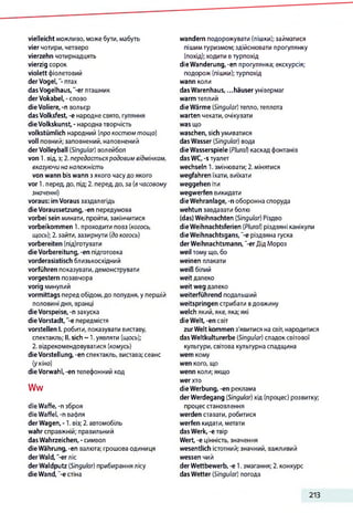 vielleicht можливо, можебути, мабуть
vier чотири, четверо
vierzehn чотирнадцять
vierzig сорок
violett фіолетовий
derV o ge l,птах
das Vogelhaus,'-er пташник
derVokabel, -слово
dieVoliere, -n вольєр
dasVolksfest, -e народнесвято, гуляння
dieVolkskunst, - народна творчість
volkstümlich народний (про костюм тощо)
voll повний;заповнений, наповнений
derVolleyball (Singular) волейбол
von 1. від,з;2. передаєтьсяродовим відмінком,
вказуючи на належність
von wann bis wann зякого часудоякого
vor 1. перед,до, під; 2. перед,до, за (вчасовому
значенні)
voraus: imVoraus заздалегідь
dieVoraussetzung, -en передумова
vorbei sein минати, пройти, закінчитися
vorbeikommen 1. проходити повз (когось,
щось); 2. зайти,зазирнути (до когось)
vorbereiten (під)готувати
dieVorbereitung, -en підготовка
vorderasiatisch близькосхідний
vorführen показувати,демонструвати
vorgestern позавчора
vorig минулий
vormittags перед обідом,до полудня,у першій
половині дня, вранці
dieVorspeise, -п закуска
die Vorstadt, '-є передмістя
vorstellen І. робити, показувати виставу,
спектакль; II. sich ~ 1.уявляти (щось);
2. відрекомендовуватися (комусь)
dieVorstellung, -en спектакль, вистава; сеанс
(укіно)
dieVorwahl, -en телефонний код
Ww
dieWaffe, -n зброя
dieWaffel, -n вафля
derWagen, -1. віз; 2.автомобіль
wahr справжній; правильний
das Wahrzeichen,- символ
die Währung, -en валюта; грошова одиниця
derWald, "-erліс
derWaldputz (Singular) прибирання лісу
die Wand, '"-єстіна
wandern подорожувати (пішки);займатися
пішимтуризмом; здійснювати прогулянку
(похід);ходити втурпохід
die Wanderung, -en прогулянка; екскурсія;
подорож (пішки); турпохід
wann коли
das Warenhaus, ...häuser універмаг
warm теплий
die Wärme (Singular) тепло,теплота
warten чекати,очікувати
was що
waschen, sich умиватися
das Wasser (Singular) вода
dieWasserspiele (Plural) каскад фонтанів
dasWC,-s туалет
wechseln 1.змінювати; 2. мінятися
wegfahren їхати, виїхати
Weggehen іти
wegwerfen викидати
die Wehranlage, -n оборонна споруда
wehtun завдавати болю
(das) Weihnachten (Singular) Різдво
die Weihnachtsferien (Plural) різдвяні канікули
die Weihnachtsgans,'"-є різдвяна гуска
derWeihnachtsmann,"-erДід Мороз
weil тому що, бо
weinen плакати
weiß білий
weit далеко
weit weg далеко
weiterführend подальший
weitspringen стрибати вдовжину
welch який,яке, яка; які
die Welt, -en світ
zurWelt kommen з'явитися насвіт, народитися
dasWeltkulturerbe (Singular) спадок світової
культури, світова культурна спадщина
wem кому
wen кого, що
wenn коли; якщо
wer хто
die Werbung, -en реклама
derWerdegang (Singular) хід (процес) розвитку;
процес становлення
werden ставати, робитися
werfen кидати, метати
das Werk, -е твір
Wert, -е цінність, значення
wesentlich істотний; значний, важливий
wessen чий
derWettbewerb, -е 1. змагання; 2. конкурс
das Wetter (Singular) погода
213
 
