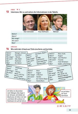 HÖREN ® 6
13 Interviews. Hör zu und notiere die Informationen in der Tabelle.
Herr Schneider Frau Hoffmann Michael
Wohin?
Wann?
Wie lange?
Mit wem?
Was?
SPRECHEN
14 Wie sieht dein Urlaub aus? Zieh eine Karte und berichte.
Wohin?
Wann?
Wie lange?
Mit wem?
Wo?
Was?
Wengen, Schweiz
Dezember
1Woche
Vati, Mutti
Parkhotel
Ski fahren
Wohin?
, Wann?
W/e/ange?
Mt wem?
Wo?
Was?
ß°d ensee
luni
1Woche
M>nounc(Usa
t* 1Freunden
^ n'*a d fahn
Wohin?
Wann?
Wie iange-
^■itwem?
Wo?
Was?
Garmisch, Bavern
Tage
Tante Emma
Hotei M penb"cK
Wanderungen
en
Wohin?
Wann?
Wie lange?
Mit wem?
Wo?
Was?

 Wohin? Meer, Korfu
 Wann? August
Wie lange? zwei Wochen
Mit wem? Freunde
Wo? Hotel Miramare
- Was?
V_______________________
baden, schwimmen
Wien
August
3Wochen
Sandra
bei Familie Bauer
Deutschkurs
Wohin?
W ann?
Wie langet
Mitwem?
Wo?
Was?
vi
Rom
September
1erTage
Vati,Mutd>a
anschauen_
Ich fahre im Dezember
nach Wengen. Das liegt in
der Schweiz Ich bleibe ein
Woche da. Ich fahre mit Vati
und Mutti. Wir wohnen im
Parkhotel. Ich will Ski fahren.
Im Juli fahre
ich nach
Garmisch.
0 AB S. 20,7-17
33
 