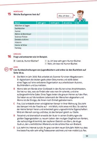 WORTSCHATZ
15 Welche Buchgenres liest du?
Genre sehr gern
Also, ich lese
Märchen &Sagen
Sachbücher
Humor
Aktion &Abenteuer
Science-Fiction
Detektiv &Krimi
Historie
Horror &Triller
Fantasy
SPRECHEN
16 Fragt und antwortet wie im Beispiel.
E Liest du Humor-Bücher? E Ja, ich lese sehr gern Humor-Bücher.
E Nein, ich lese nie Humor-Bücher.
LESEN
17 Lies Kurzbeschreibungen
Seite 58 zu.
von Jugendbüchern und ordne sie den Buchtiteln auf
A Die Welt im Jahr 2035: Rob arbeitet als Scanner für einen Megakonzern:
Er digitalisiert die letzten gedruckten Dokumente und stößt dabei
eines Tages auf eine verbotene Organisation aus arbeitslosen Autoren,
Buchhändlern und Journalisten.
B Momo lebt am Rande einer Großstadt in den Ruinen eines Amphitheaters.
Sie hat nur das, was sie findet oder was man ihr schenkt, und eine
außergewöhnliche Gabe. Eines Tages treten die grauen Herren auf den Plan.
Sie haben es auf die kostbare Lebenszeit der Menschen abgesehen und
Momo ist die Einzige, die ihnen noch Einhalt gebieten kann.
C Frau Lizzi entdeckt einen winzigkleinen Vampir in ihrer Wohnung. Sie zieht
das Vamperl mit der Flasche auf - mit Milch, nicht etwa mit Blut. So wächst
der kleine Vampir heran und entwickelt ganz ungewöhnliche Eigenschaften:
Wird ein Mensch zornig und böse, ist das Vamperl gleich zur Stelle.
D Fesselnd und dramatisch erweckt der Autor in seinen Erzählungen die
großen Sagengestalten zu neuem Leben: den mutigen Siegfried von Xanten,
die rachsüchtige Kriemhild, den tapferen Dietrich von Bern, die kluge
Gudrun, den unerbittlichen Wieland und die schöne Elsa von Brabant.
E Lulu kehrt ins Internat zurück. Ihr graut vor dem neuen Schuljahr. Nicht nur, dass
ihre beste Freundin sehr eifrig Todesszenen zeichnet und man mobbt Lulu fies.
59
 