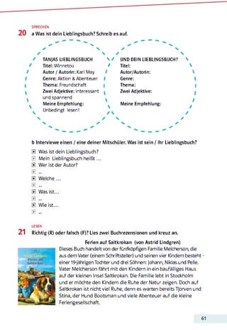 SPRECHEN
2 0 a Was ist dein Lieblingsbuch? Schreib es auf.
✓
N,


✓
/
N.
s
s
/ TANJAS LIEBLINGSBUCH  / UND DEIN LIEBLINGSBUCH?
/ Titel: Winnetou / Titel:
/ Autor / Autorin: Karl May / Autor/Autorin:
/ Genre: Aktion &Abenteuer / Genre:
I Thema: Freundschaft I Thema:
l



Zwei Adjektive: interessant
und spannend
Meine Empfehlung:
Unbedingt lesen!
t


/ 
Zwei Adjektive:
Meine Empfehlung:




I
I
/
/
/

N
N.
✓

s
✓
✓
b Interviewe einen / eine deiner Mitschüler. Was ist sein / ihr Lieblingsbuch?
0 Was ist dein Lieblingsbuch?
0 Mein Lieblingsbuch h eißt...
0 Wer ist der Autor?
0 ...
0 W elche...
0 _.
0 Was ist...
0 ...
0 Wie ist...
0 ...
LESEN
2 1 Richtig (R) oder falsch (F)? Lies zwei Buchrezensionen und kreuz an.
Ferien auf Saltkrokan (von Astrid Lindgren)
Dieses Buch handelt von der fünfköpfigen Familie Melcherson, die
aus dem Vater (einem Schriftsteller) und seinen vier Kindern besteht -
einer 19-jährigen Tochter und drei Söhnen: Johann, Niklas und Pelle.
Vater Melcherson fährt mit den Kindern in ein baufälliges Haus
auf der kleinen Insel Saltkrokan. Die Familie lebt in Stockholm
und er möchte den Kindern die Ruhe der Natur zeigen. Doch auf
Saltkrokan ist nicht viel Ruhe, denn es warten bereits fjorven und
Stina, der Hund Bootsman und viele Abenteuer auf die kleine
Feriengesellschaft.
61
 