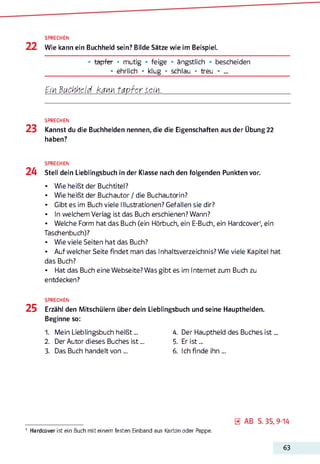 SPRECHEN
2 2 Wie kann ein Buchheld sein? Bilde Sätze wie im Beispiel.
• tapfer • mutig • feige • ängstlich • bescheiden
• ehrlich • klug • schlau • treu • ...
Ein ßuchhcld kann tapfer sein.
SPRECHEN
23 Kannst du die Buchhelden nennen, die die Eigenschaften aus der Übung 22
haben?
SPRECHEN
24 Stell dein Lieblingsbuch in der Klasse nach den folgenden Punkten vor.
• Wie heißt der Buchtitel?
• Wie heißt der Buchautor / die Buchautorin?
• Gibt es im Buch viele Illustrationen? Gefallen sie dir?
• In welchem Verlag ist das Buch erschienen? Wann?
• Welche Form hat das Buch (ein Hörbuch, ein E-Buch, ein Hardcover1, ein
Taschenbuch)?
• Wie viele Seiten hat das Buch?
• Auf welcher Seite findet man das Inhaltsverzeichnis? Wie viele Kapitel hat
das Buch?
• Hat das Buch eine Webseite? Was gibt es im Internet zum Buch zu
entdecken?
SPRECHEN
25 Erzähl den Mitschülern überdein Lieblingsbuch und seine Haupthelden.
Beginne so:
1. Mein Lieblingsbuch heißt... 4. Der Hauptheld des Buches ist
2. Der Autor dieses Buches is t... 5. Er ist ...
3. Das Buch handelt von ... 6. Ich finde ihn ...
_____________________ 0 AB S. 35, 9-14
1 Hardcover ist ein Buch miteinem festen Einband aus Karton oder Pappe.
63
 