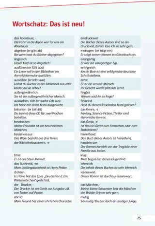 Wortschatz: Das ist neu!
das Abenteuer, -
Die Fahrt in die Alpen war für uns ein
Abenteuer.
abgeben (er gibt ab)
Bei wem hast du Bücher abgegeben?
ängstlich
Unser Kind ist so ängstlich!
ausfüllen (er füllt aus)
Ein Leser soll in der Bibliothek ein
Anmeldeformular ausfüllen.
ausleihen (er leiht aus)
Leihst du Bücher in der Bibliothek aus oder
kaufst du sie lieber?
außergewöhnlich
Sie ist ein außergewöhnlicher Mensch.
aussuchen, sich (er sucht sich aus)
Ich habe mir einen Krimi ausgesucht.
behalten (erbehält)
Du kannst diese CD für zwei Wochen
behalten.
bescheiden
Meine Freundin ist ein bescheidenes
Mädchen.
bestehen aus
Das Werk besteht aus drei Teilen.
der Bibliotheksausweis, -e
böse
Er ist ein böser Mensch.
das Buchheld, -en
Mein Lieblingsbuchheld ist Harry Potter.
dichten
H. Heine hat das Epos „Deutschland. Ein
Wintermärchen“gedichtet.
der Drucker, -
Der Drucker ist ein GerätzurAusgabe zB.
von Texten auf Papier.
ehrlich
Mein Freund hat einen ehrlichen Charakter.
eindrucksvoll
Die Bücher dieses Autors sind so ein­
drucksvoll, darum lese ich sie sehr gern.
eintragen (er trägt ein)
Er trägt seinen Namen ins Gästebuch ein.
einzigartig
Er war ein einzigartiger Typ.
erfolgreich
Kirstin Boie ist eine erfolgreiche deutsche
Schriftstellerin.
ernst
Er ist ein ernster Mensch.
Ihr Gesicht wurde plötzlich ernst.
feig(e)
Warum seid ihr so feige?
fesselnd
Hast du diesen fesselnden Krimi gelesen?
das Genre, -s
Fantasy, Science-Fiction, Thriller sind
literarische Genres.
das Gerät, -e
Ist das ein Gerätzum Fernsehen oder zum
Radiohören?
hinreißend
Das Buch dieses Autors ist hinreißend.
handeln von
Der Roman handelt von der Tragödie einer
Familie aus Italien.
klug
Mich begeistert dieses kluge Kind.
lehrreich
Der Inhalt dieses Buches ist sehr lehrreich.
lesenswert
Dieser Roman ist durchaus lesenswert.
das Märchen, -
Meine kleine Schwester liest die Märchen
der Brüder Grimm sehr gern.
mutig
Sei mutig! Du bist doch ein mutigerJunge.
75
 