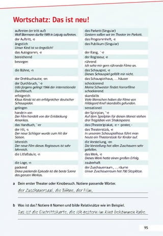 Wortschatz: Das ist neu!
auftreten (er tritt auf)
WolfBiermann durfte 1989 in Leipzig auftreten.
der Auftritt, -e
ängstlich
Unser Kind ist so ängstlich!
das Autogramm, -e
bereichernd
besorgen
die Bühne, -n
der Drehbuchautor, -en
der Durchbruch, "-e
UdoJürgens gelingt 1966 der internationale
Durchbruch.
erfolgreich
Klaus Kinski ist ein erfolgreicher deutscher
Schauspieler.
gelingen
handeln von
Der Film handelt von der Entdeckung
Amerikas.
das Handtuch, "-er
der Hit, -s
Der neue Schlager wurde zum Hit der
Saison.
lehrreich
Der neue Film dieses Regisseurs ist sehr
lehrreich.
die Litfaßsäule, -n
die Loge, -n
packend
Diese packende Episode ist die beste Szene
des ganzen Werkes.
das Parkett (Singular)
Gestern saßen wir im Theater im Parkett.
das Programmheft, -e
das Publikum (Singular)
der Rang, "-e
der Regisseur, -e
rührend
Ich sehe mir gern rührende Filme an.
das Schauspiel, -e
Dieses Schauspiel gefällt mir nicht.
das Schauspielhaus,... häuser
schockierend
Meine Schwester findet Horrorfilme
schockierend.
skandalös
Viele Menschen haben die Filme von
Hildegard Knefskandalös gefunden.
sensationell
der Spielplan, -e
Auf dem Spielplan für diesen Monat stehen
drei Tragödien von Shakespeare.
das (Theater)plakat, -e =-poster, -
das Theaterstück, -e
In unserem Schauspielhaus führt man
heute ein Theaterstück für Kinder auf.
die Vorstellung, -en
Die Vorstellung hat allen Zuschauern sehr
gefallen.
das Werk, -e
Dieses Werk hatte einen großen Erfolg.
zauberhaft
der Zuschauerraum,... räume
Unser Zuschauerraum hat 700 Sitzplätze.
a Dein erster Theater oder Kinobesuch. Notiere passende Wörter.
der Zuschauersaal, die Buhne, Mer FiIim,________________
b Was ist das? Notiere 8 Nomen und bilde Relativsätze wie im Beispiel.
Vas ist die Eintrittskarte, die ich gestern Um Kino bekouAiuen habe.
95
 