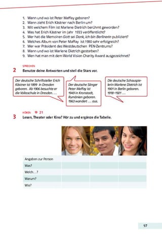 1. Wann und wo ist Peter Maffay geboren?
2. Wann zieht Erich Kästner nach Berlin um?
3. Mit welchem Film ist Marlene Dietrich berühmt geworden?
4. Was hat Erich Kästner im jahr 1933 veröffentlicht?
5. Wer hat die Memoiren Gott sei Dank, ich bin Berlinehn publiziert?
6. Welches Album von Peter Maffay ist 1980 sehr erfolgreich?
7. Wer war Präsident des Westdeutschen PEN-Zentrums?
8. Wann und wo ist Marlene Dietrich gestorben?
9. Wen hat man mit dem World Vision Charity Award ausgezeichnet?
SPRECHEN
2 Benutze deine Antworten und stell die Stars vor.
HÖREN ® 21
3 Lesen, Theater oder Kino? Hör zu und ergänze die Tabelle.
Angaben zur Person
Was?
Welch...?
Warum?
Wie?
97
 